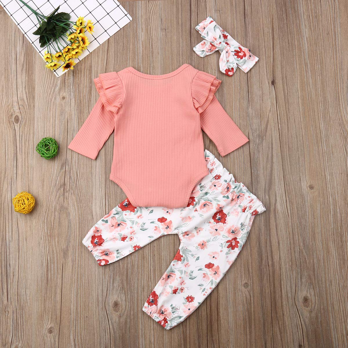 3PCS Baby Girl Clothes Set - Newborn Toddler Romper Bodysuit Jumpsuit with Floral Pants Outfit | Soft Cotton Infant Outfits for Playtime, Photo Shoots & Daily Wear
