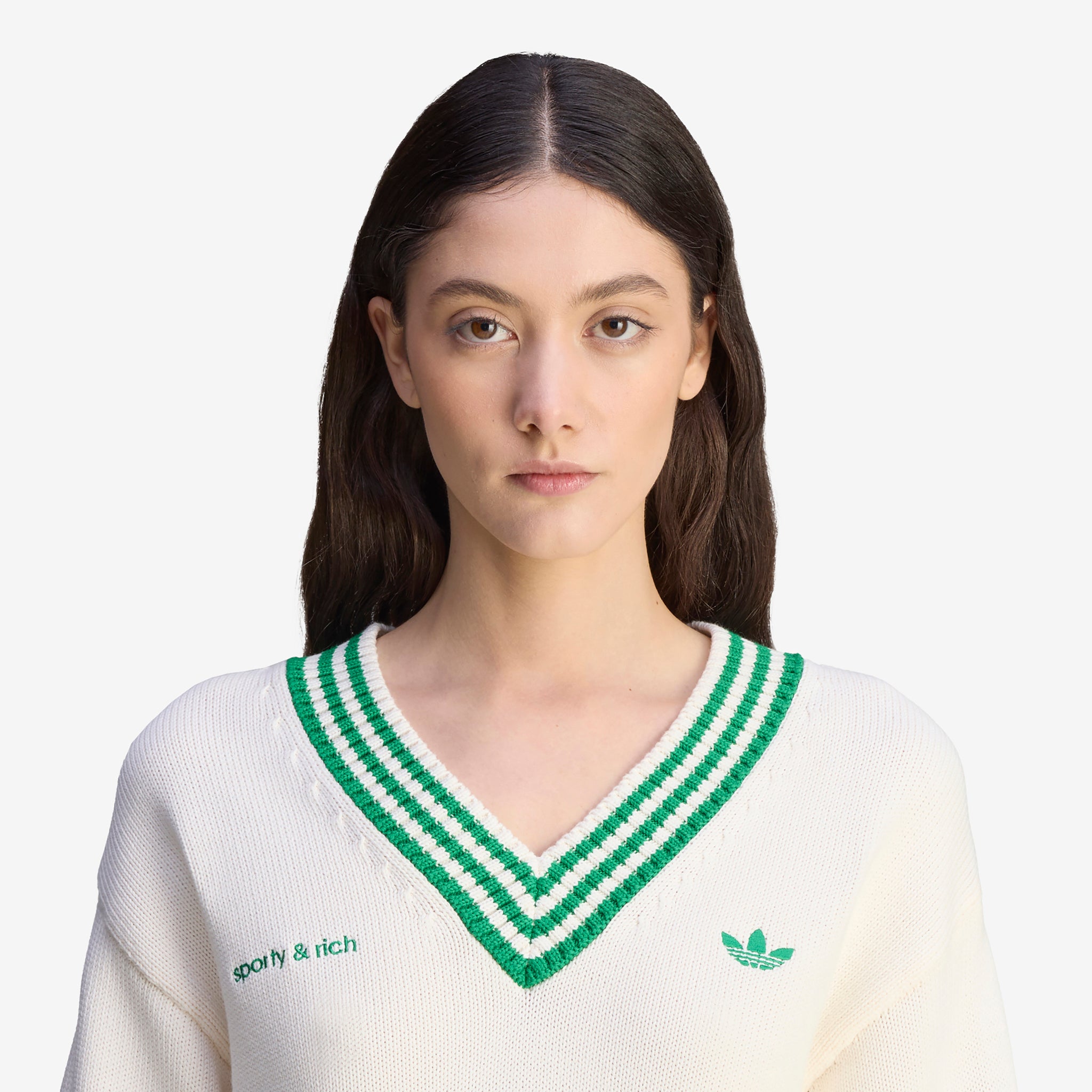 Sporty & Rich Women's V-Neck Sweatshirt in Off White & Court Green | Casual Streetwear for Women | Perfect for Gym, Lounge & Everyday Wear