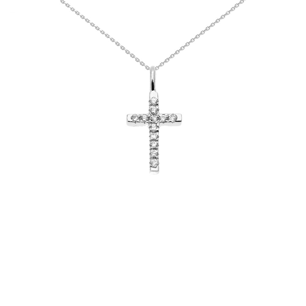 14K White Gold Dainty Linear Cross Pendant Necklace with Cubic Zirconia & Rolo Chain - Religious Jewelry Gift for Women - Perfect for Church, Baptism & Everyday Wear