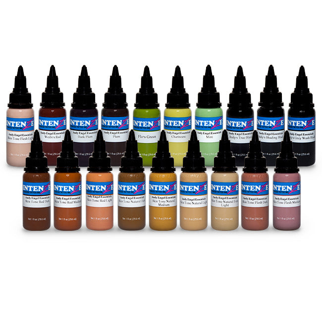 Andy Engel Essentials 1oz Series - Professional Intenze Tattoo Ink Set of 19 Colors - Safe & Vibrant Pigments for Tattoo Artists - Perfect for Studio Work, Body Art & Permanent Makeup
