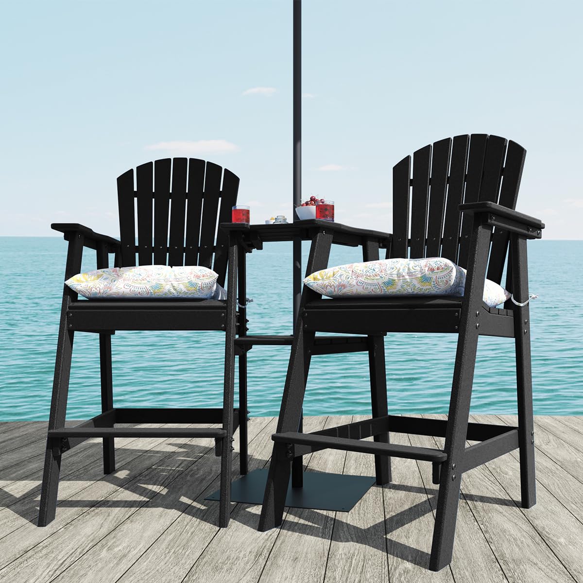 Premium Outdoor Adirondack Chairs Set of 2 with Side Table - HDPE Patio Bar Height Dining Set (3-Piece) - Counter Height Bistro Pub Table with Stools - Includes 2 Umbrella Hole Covers (Black) - Perfect for Backyard, Deck, Garden & Poolside Relaxation