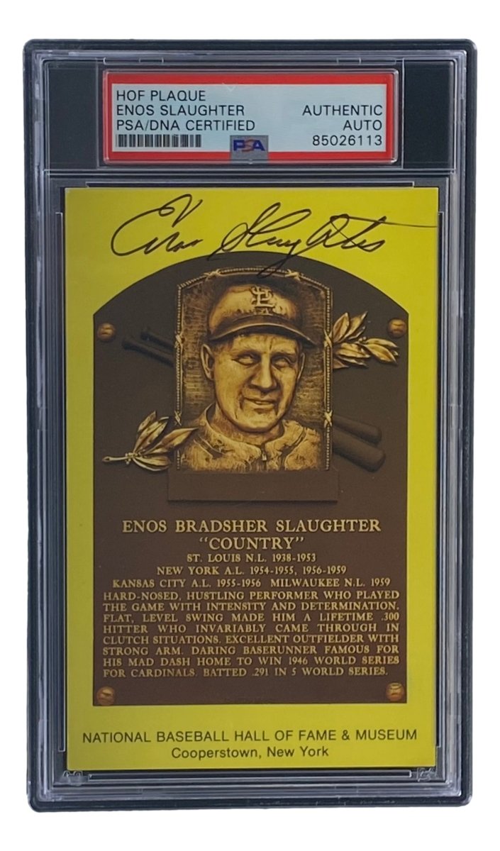 Authentic Enos Slaughter Signed 4x6 St. Louis Cardinals HOF Plaque Card - PSA/DNA Certified #85026113 - Perfect for Baseball Memorabilia Collections & Sports Fan Gifts