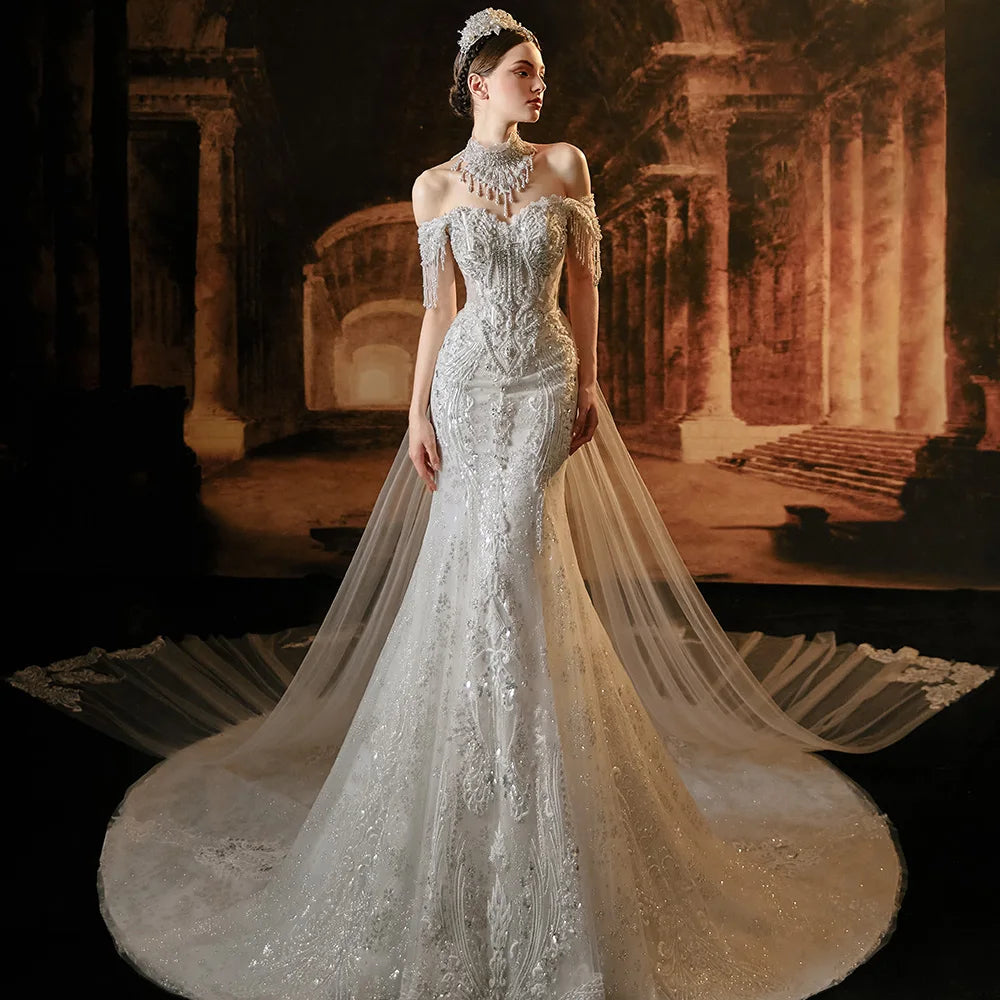 Elegant Mermaid Wedding Dress with Cap Sleeves, Tassel Beading & Lace-Up Back – Perfect for Beach Weddings, Vow Renewals, and Romantic Photoshoots