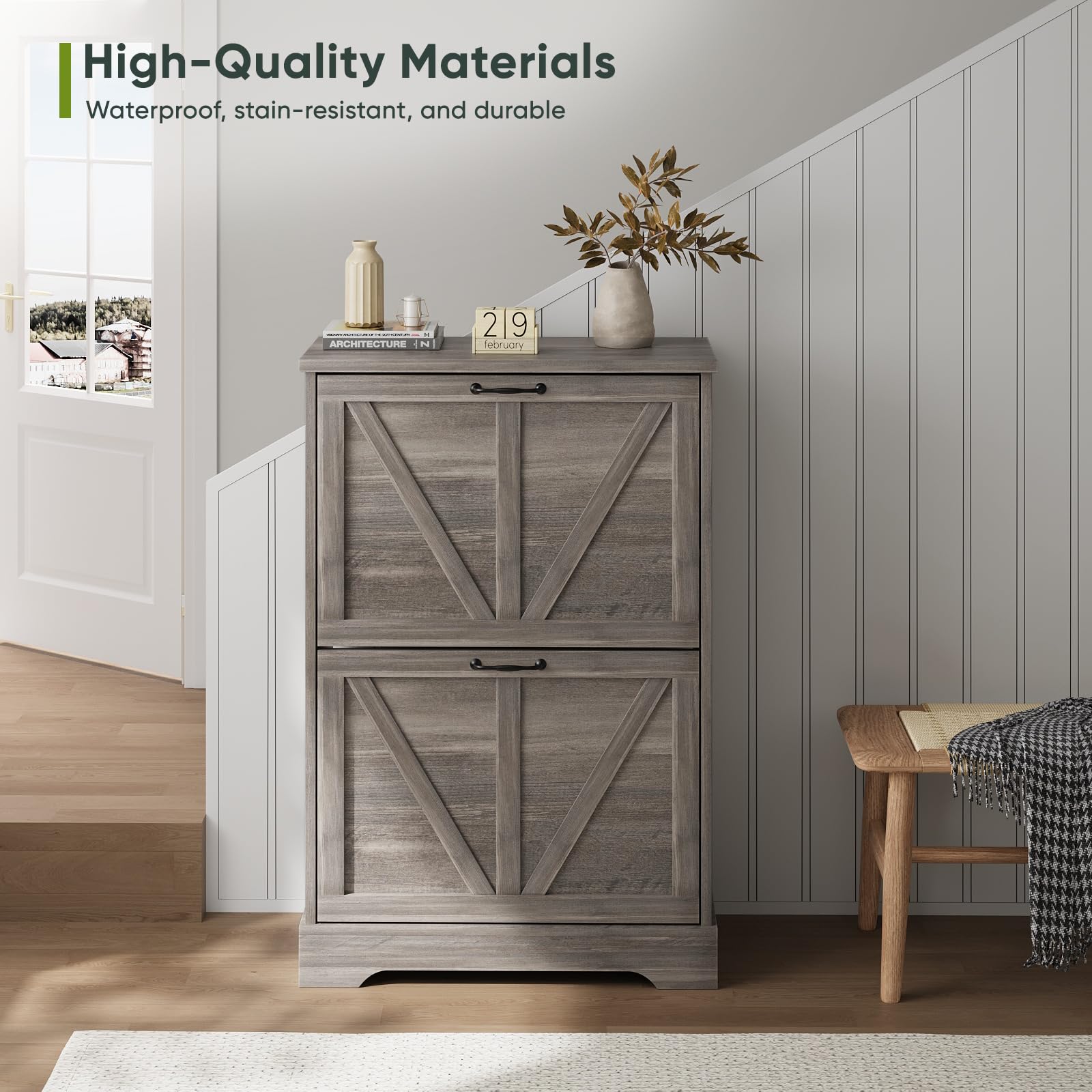 Slim Shoe Rack Cabinet - Narrow Entryway Storage Organizer with Wooden Feet & 2 Flip Drawers | Farmhouse Style Shoe Organizer for Hallway, Closet, Bedroom (Grey)