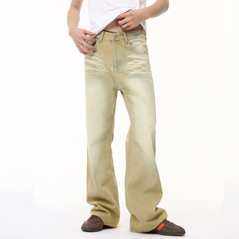 American Design Men's Denim Pants - Casual Distressed Contrast Color Straight Leg Jeans for Summer | Wide Bottom Comfort Fit (Style 9C6504) | Perfect for Streetwear, Casual Outings & Everyday Wear