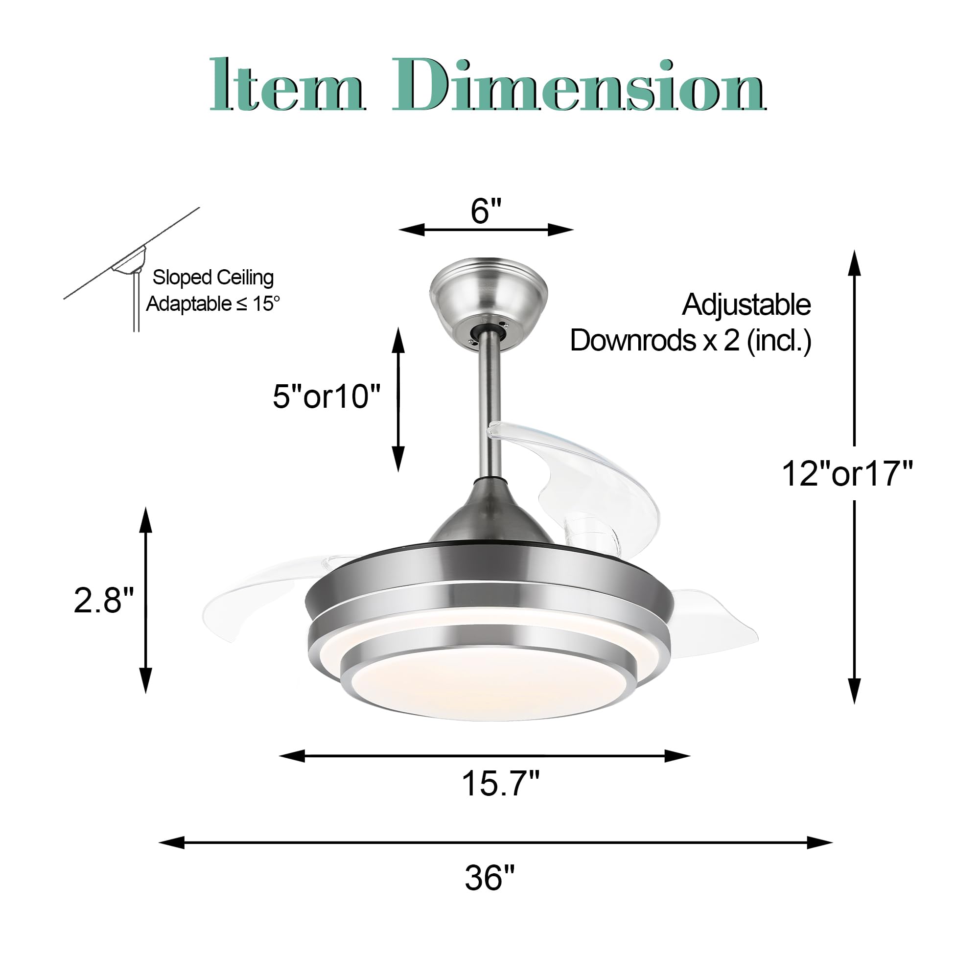 36 Inch Retractable Ceiling Fan with Remote Control - Modern Smart Ceiling Fan with LED Lights, 6 Speed Silent DC Motor, Reversible Blades, 3 Color Temperatures & Timer - Brushed Nickel Finish for Living Room, Bedroom or Office