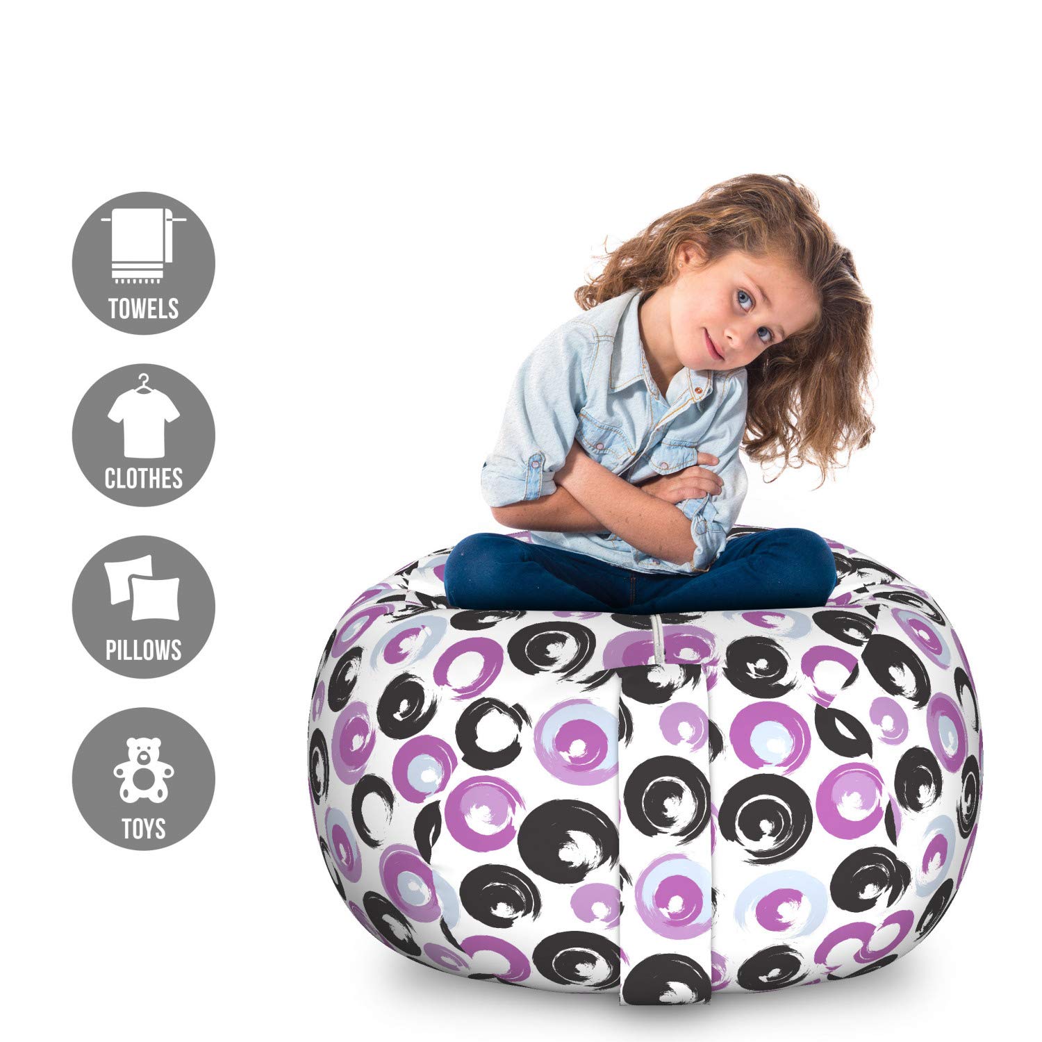 Ambesonne Modern Storage Toy Bag Chair - Hand Drawn Paintbrush Blots Design, Washable Stuffed Animal Organizer, Large Size in White, Dark Grey & Fuchsia - Perfect for Kids' Room, Playroom & Nursery Organization
