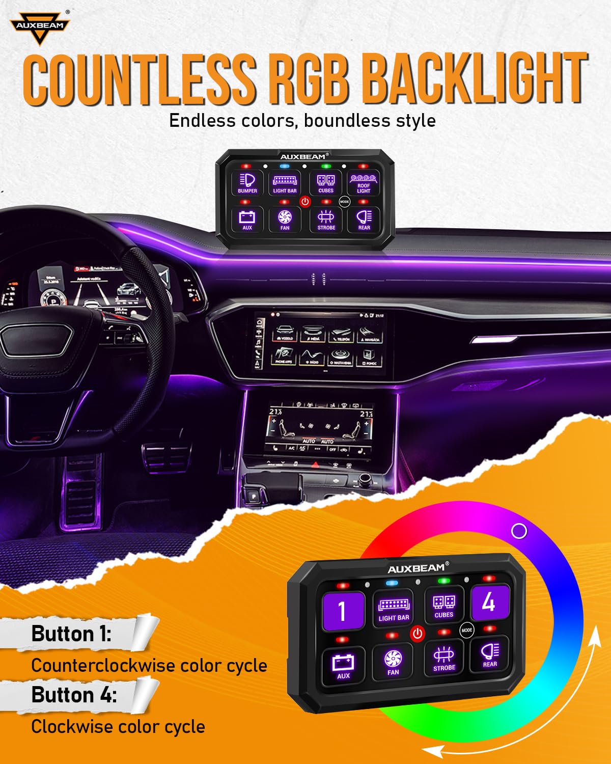 Auxbeam 8 Gang Switch Panel RB80 XL 5.3 Inch RGB LED Toggle Momentary Pulsed Switch Pod - 12-24V Waterproof Auxiliary Circuit Control Relay System for Truck, Car, Offroad, UTV - Perfect for Off-Roading, Camping & Emergency Lighting - 2 Years Warranty