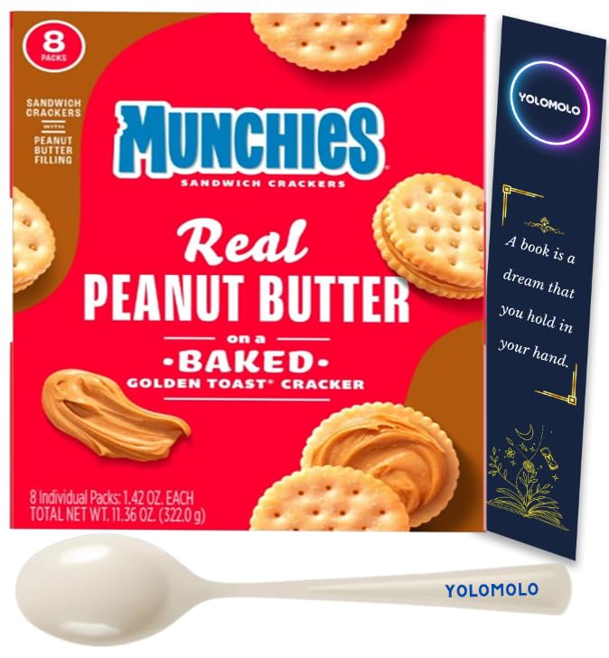 YOLOMOLO Peanut Butter Sandwich Crackers - 8 Pack (1.42 oz Each) with Free White Plastic Spoon & Bookmark Gift - Perfect for School Lunches, Office Snacks, and Travel