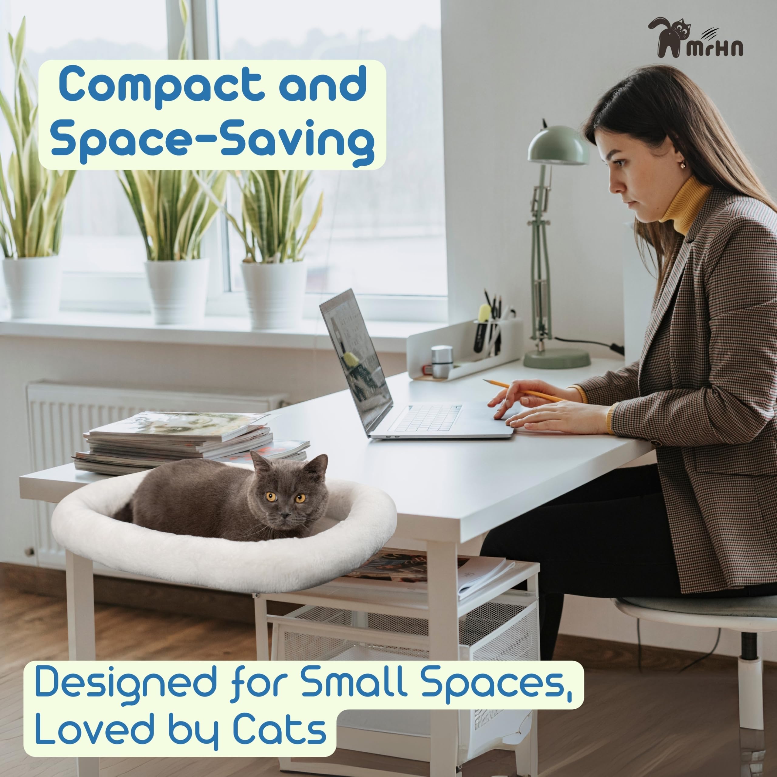 MRHN Cat Desk Bed - Cozy & Secure Desk-Mounted Cat Bed for Small & Medium Cats, Perfect for Home Office, Study, or Workspace - Washable & Space-Saving Pet Accessory (Grey)
