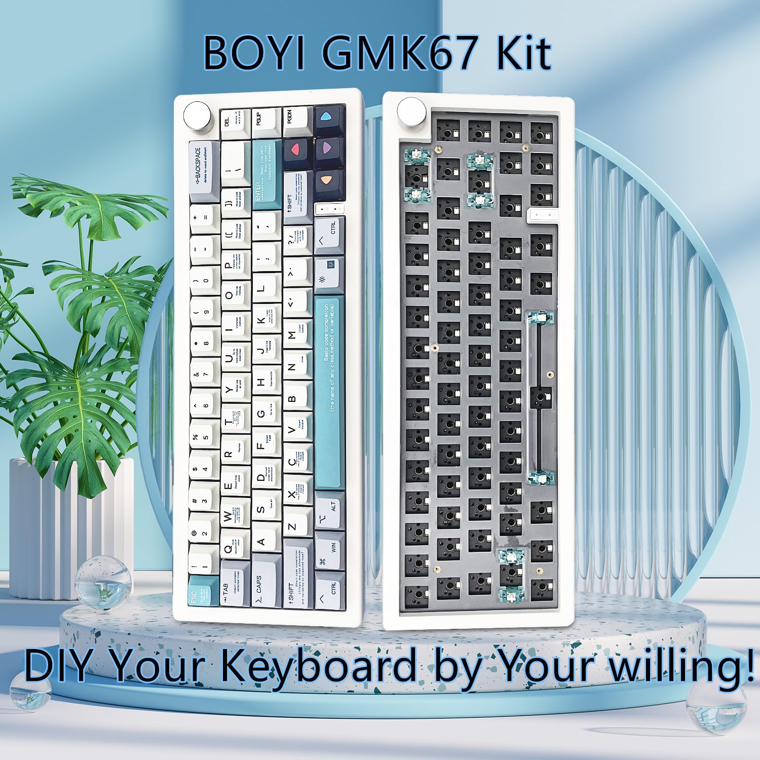 BOYI GMK67 65% Hot-Swappable Mechanical Keyboard Kit - Bluetooth 5.0/2.4G/Type-C Tri-Mode Wireless, RGB Backlit, Customizable PCB Mounting Plate with EVA Sound Insulation Mat (White with Knob) - Perfect for Gaming, Typing & Office Work