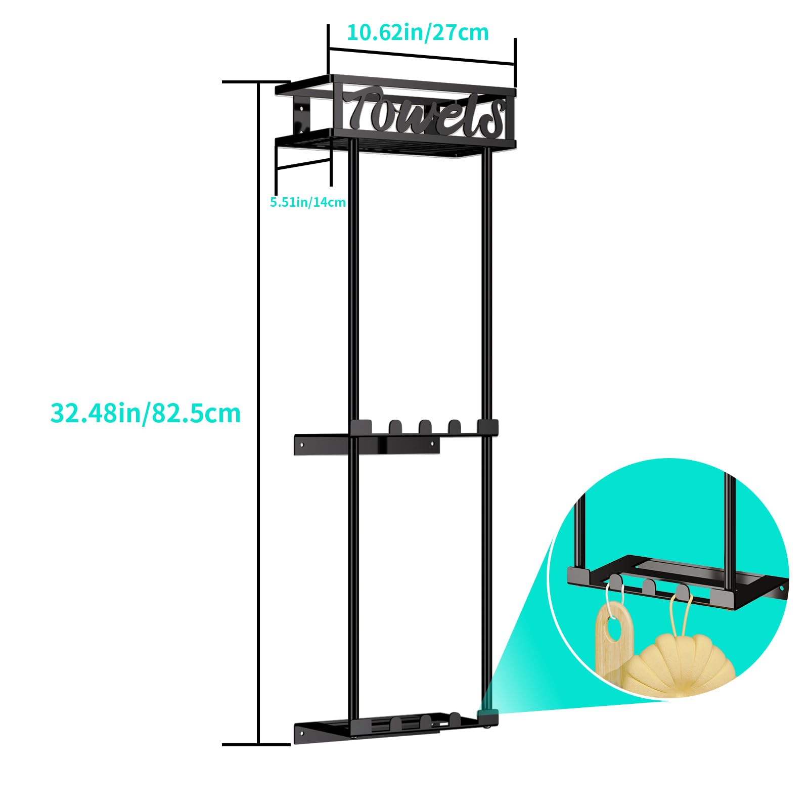 3-Tier Wall Mounted Towel Rack Organizer with Storage Basket & 6 Hooks - Space Saving Bathroom Storage Solution for Rolled Towels, Washcloths & Toiletries - Perfect for Small Bathrooms, Laundry Rooms & Spa Areas (Black)