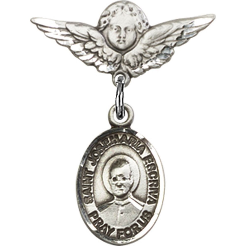 St. Josemaria Escriva Sterling Silver Baby Badge with Angel Wing Charm - 7/8 X 3/4 Inch Religious Jewelry Pin for Baptism, First Communion & Christening Gifts