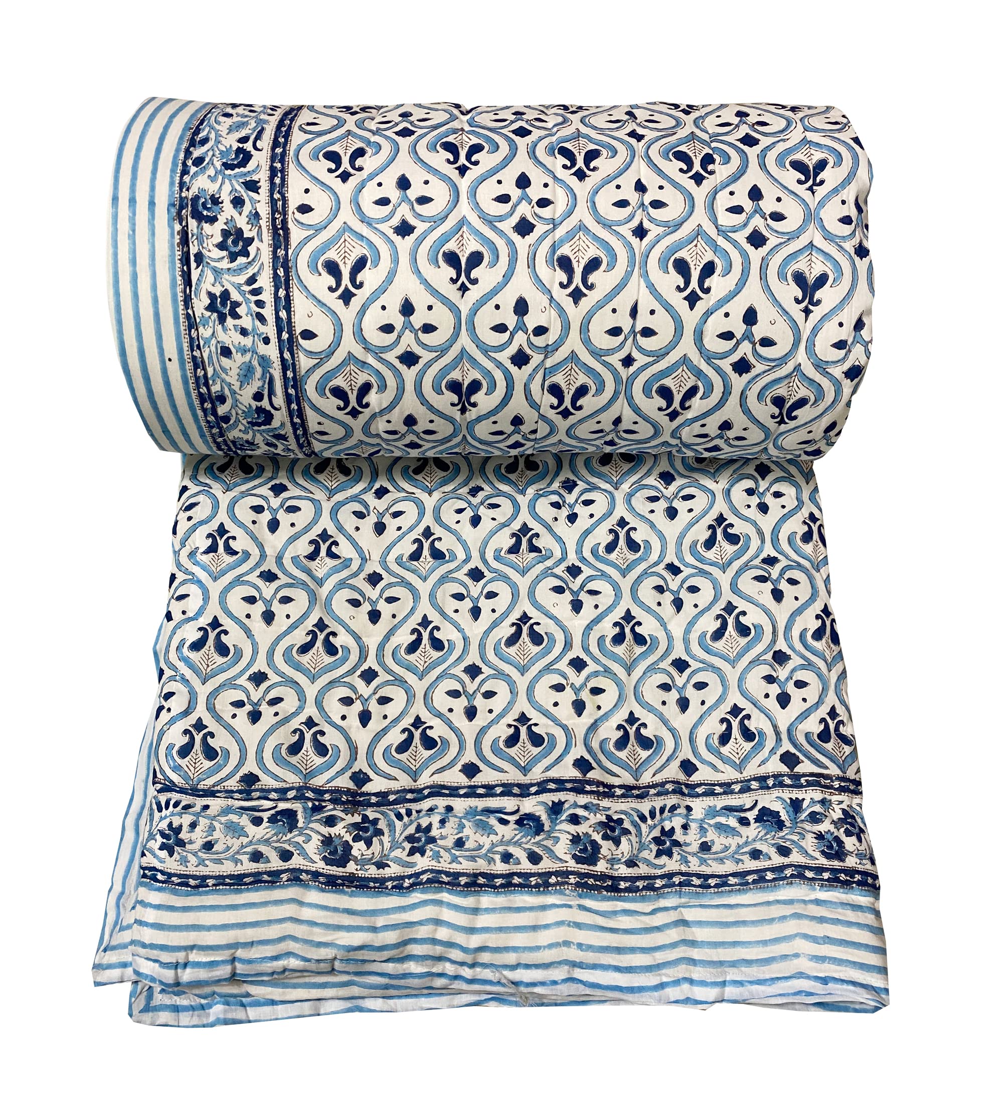 Handmade Indian Jaipuri Cotton Quilt - Lightweight Hand Block Printed Razai - King/Queen Size (90x108 Inch) - Perfect for Bedroom Decor, Cozy Winter Nights & Bohemian Home Styling