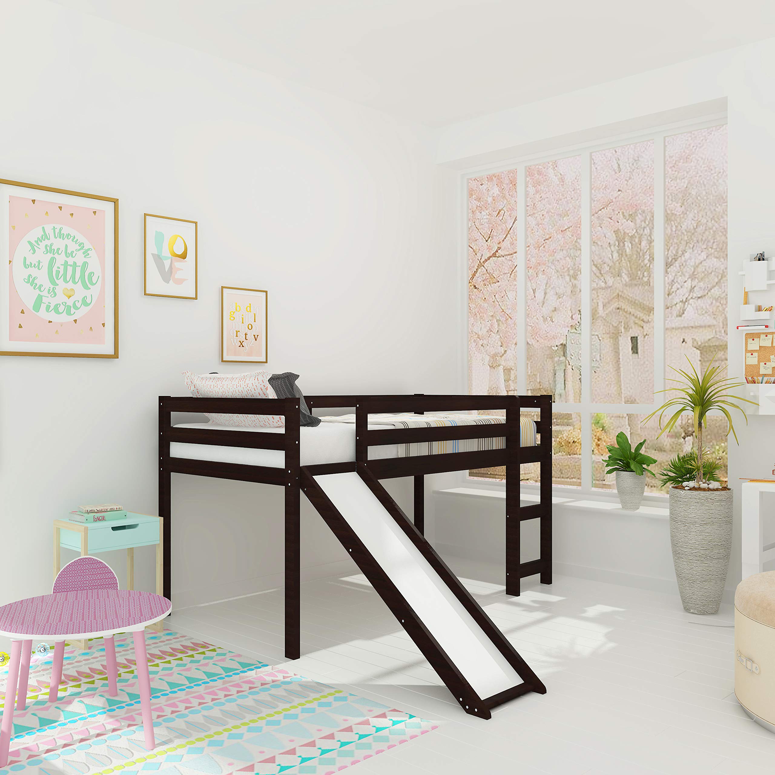 Kids Wooden Loft Bed with Slide & Ladder - Twin Size Low Loft Bed Frame with Safety Guard Rails in Espresso Finish | Perfect for Small Bedrooms, Playrooms & Space-Saving Kids' Furniture