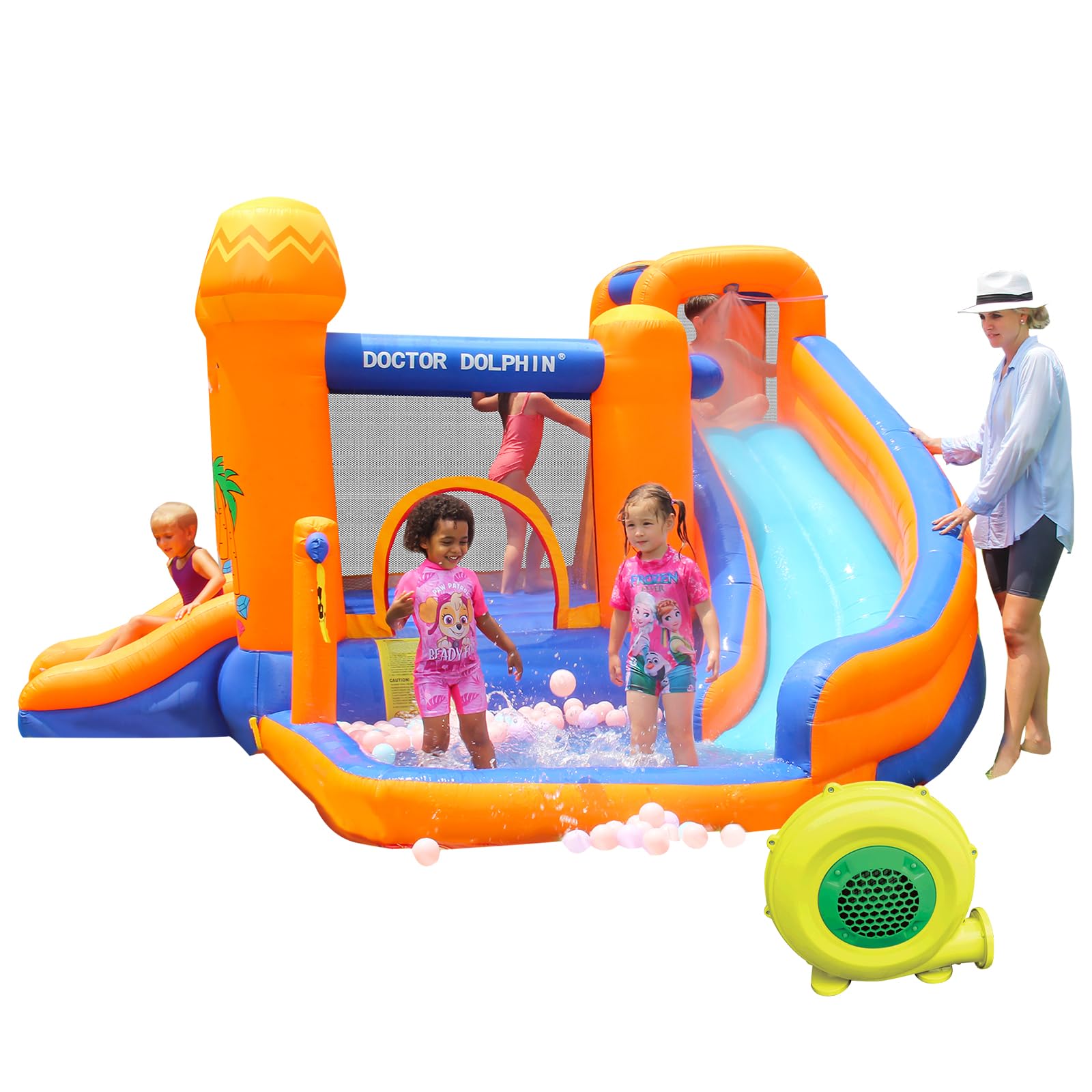**Doctor Dolphin Inflatable Water Slide for Kids - Bounce House with Blower, Wet & Dry Bouncy Slide & Splash Pool - Outdoor Water Park for Backyard, Birthday Parties & Summer Fun**