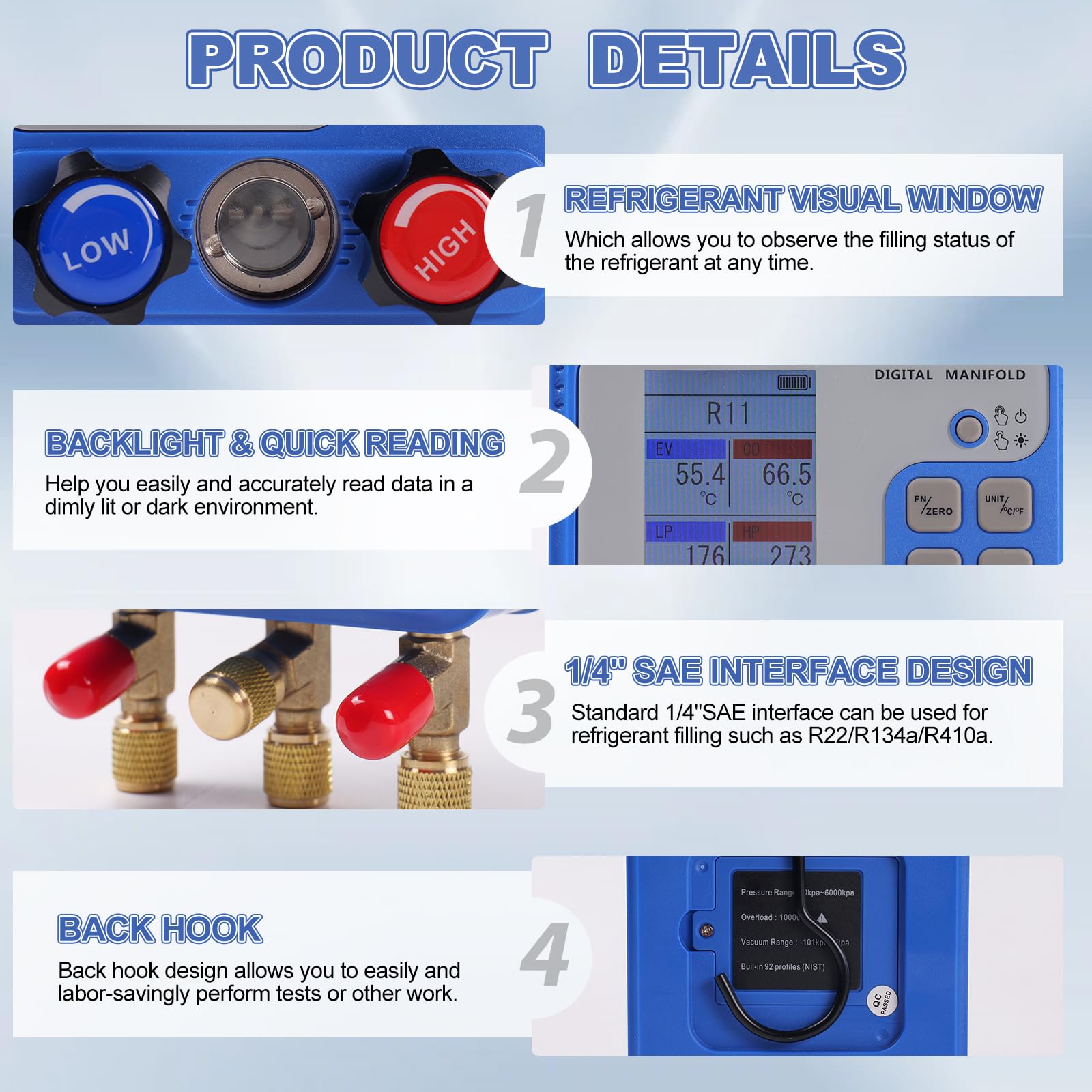 Professional Digital Manifold Gauge Set for HVAC Systems - R22/R410A/R134A Refrigerant AC Pressure & Leak Testing Kit with 3 Hoses | Perfect for HVAC Technicians, AC Maintenance & Refrigerant Recharging
