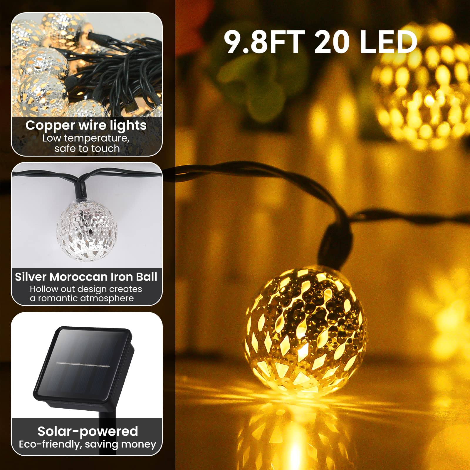 20LED Solar String Lights Outdoor 9.8FT - 8 Lighting Modes, Waterproof Moroccan Fairy Lights for Garden, Patio, Wedding & Party Decor - Warm White Twinkle Lights for Romantic Ambiance