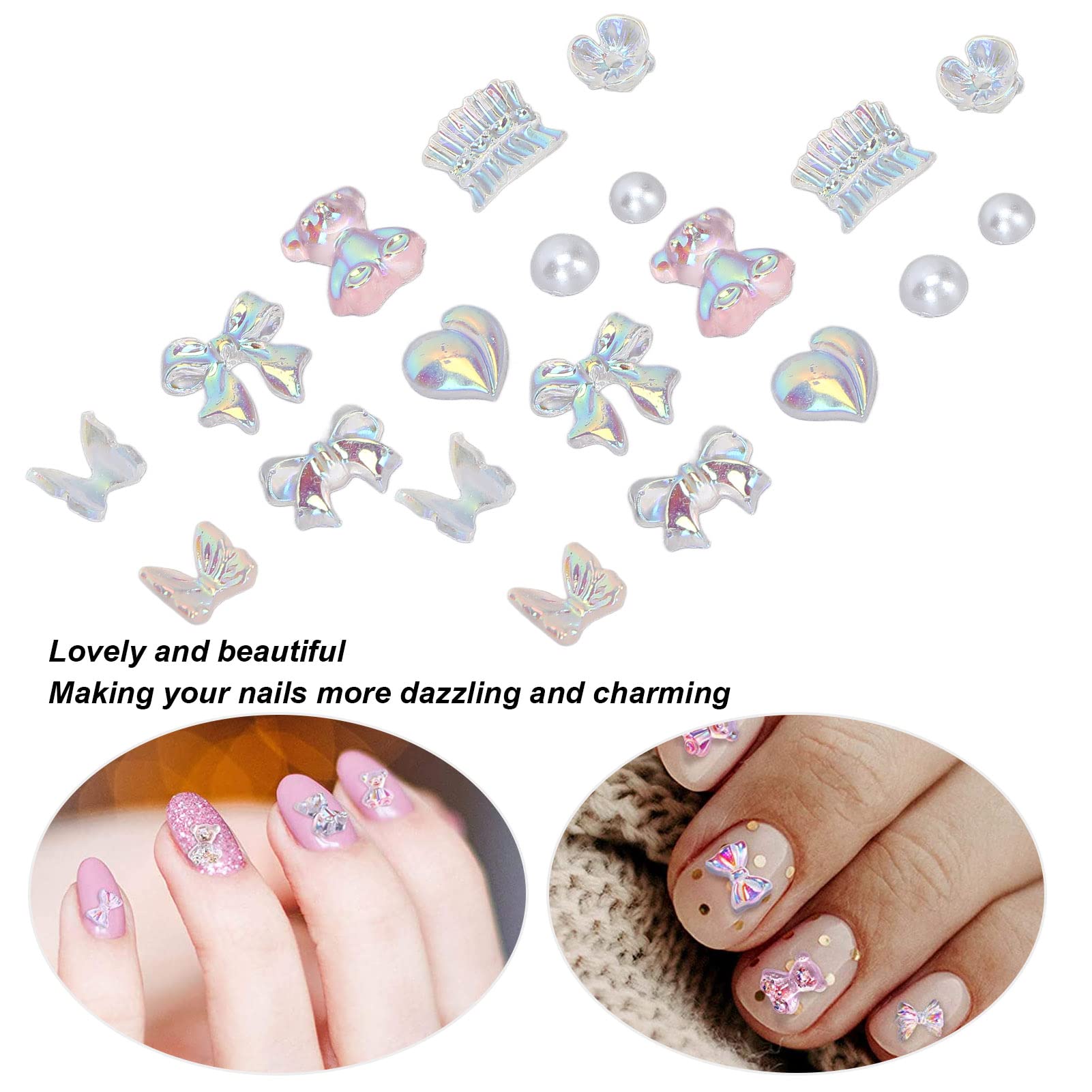 Cute Shiny Bow Bear Nail Resin Decorations - Delicate 3D Nail Art Charms for Manicure, DIY Nail Design - Perfect for Home Nail Salon & Professional Nail Artists (Set of 12) - Ideal for Wedding, Party Nails & Gift Giving