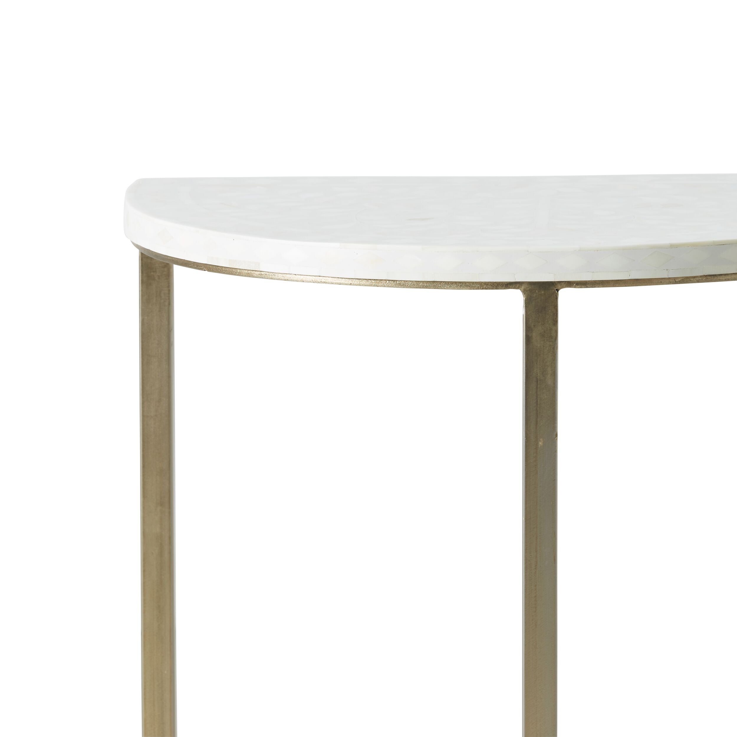 Handcrafted Bone Inlay Half Moon Side Table with Gold Frame - 21 Inch Beige Accent Table for Living Room, Bedroom & Entryway Decor