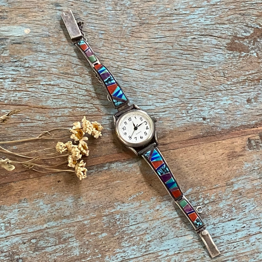 Vintage Navajo Sterling Silver Watch Band with Channel Inlay by Earl Plummer - Handcrafted Jewelry for Men & Women, Perfect for Western & Boho Fashion
