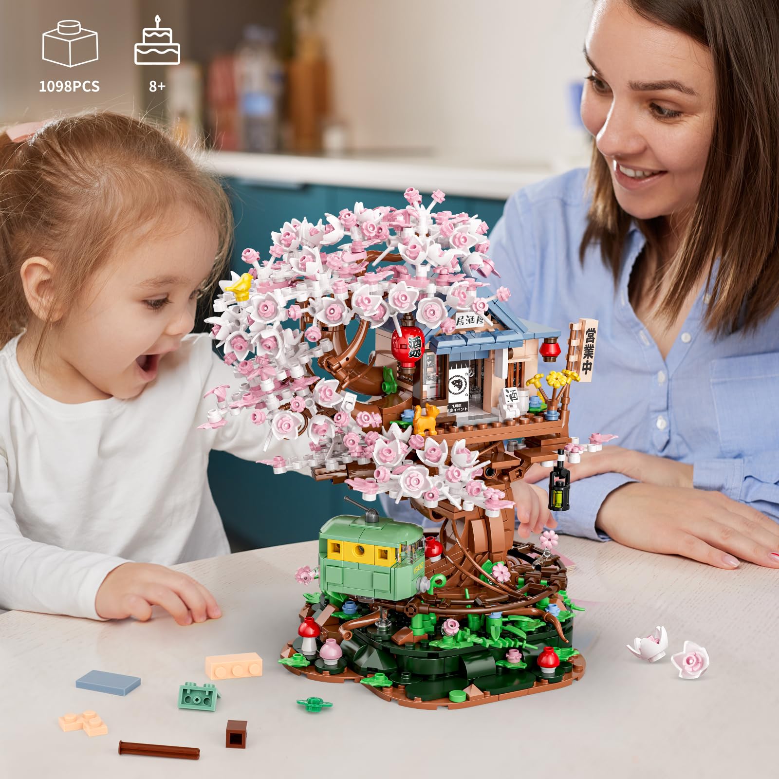 Cherry Blossom Treehouse Building Blocks Set - 1098 PCS Creative Architecture Toy for Kids Ages 8-12 | Compatible with Lego Friends | Japanese Style Flower House & Izakaya Shop with LED Lights | Perfect Gift for Girls & Adults | Great for Birthday Presents, STEM Learning & Family Bonding Activities