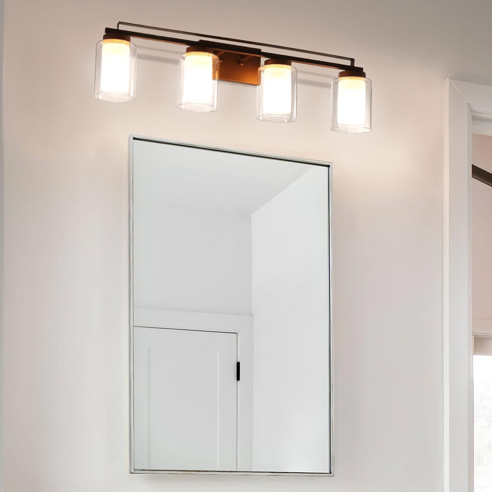 XiNBEi 4-Light Bathroom Vanity Lighting - Dark Bronze Wall Mount Light with Dual Glass Shade for Bathroom, Bedroom & Hallway - Indoor Wall Sconce XB-W1195-4-DB