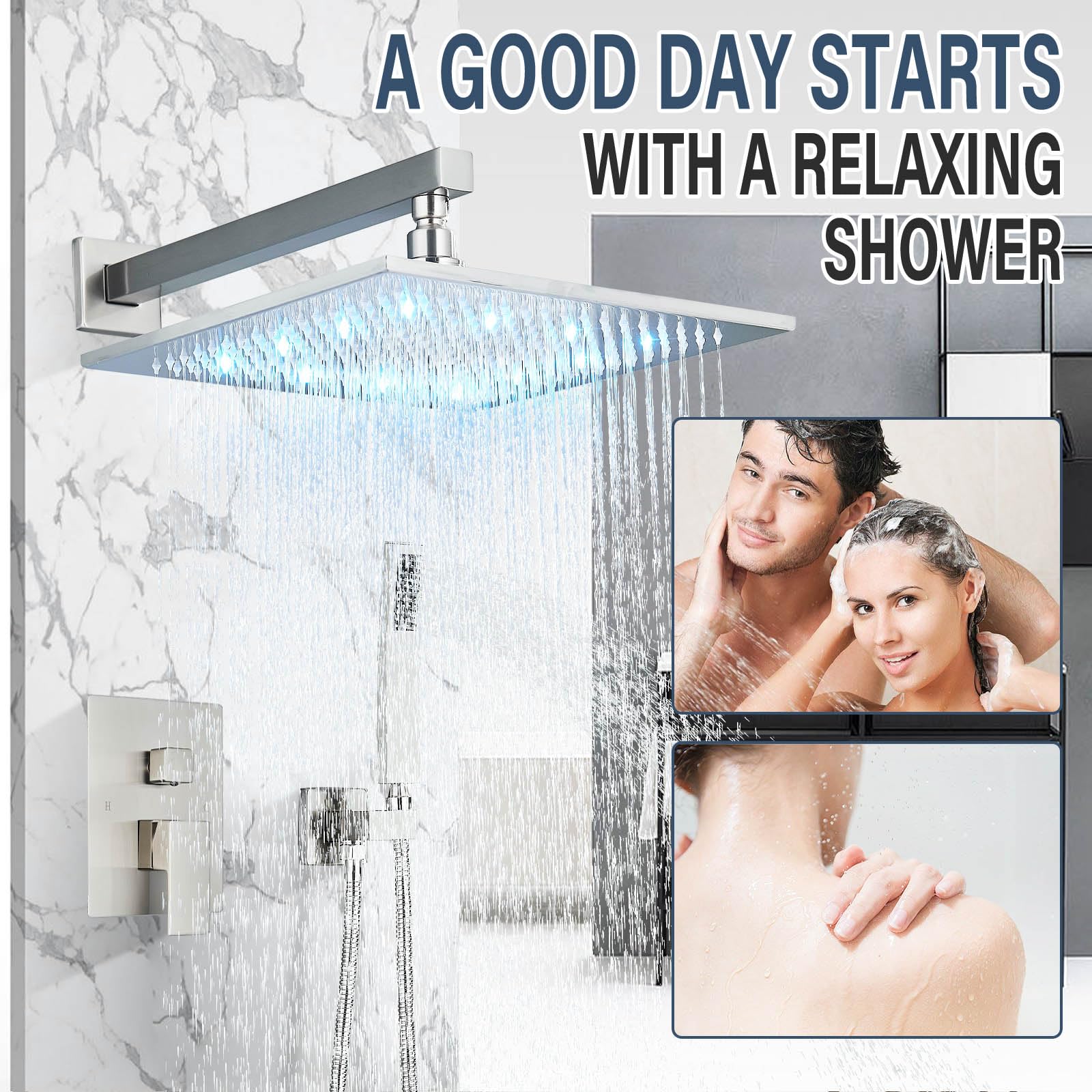 12 Inch Brushed Nickel LED Rainfall Shower Head with Handheld Combo - Brass Rain Shower Mixer Set with Rough-in Valve Body & Trim - Perfect for Modern Bathroom Renovation and Spa-like Shower Experience