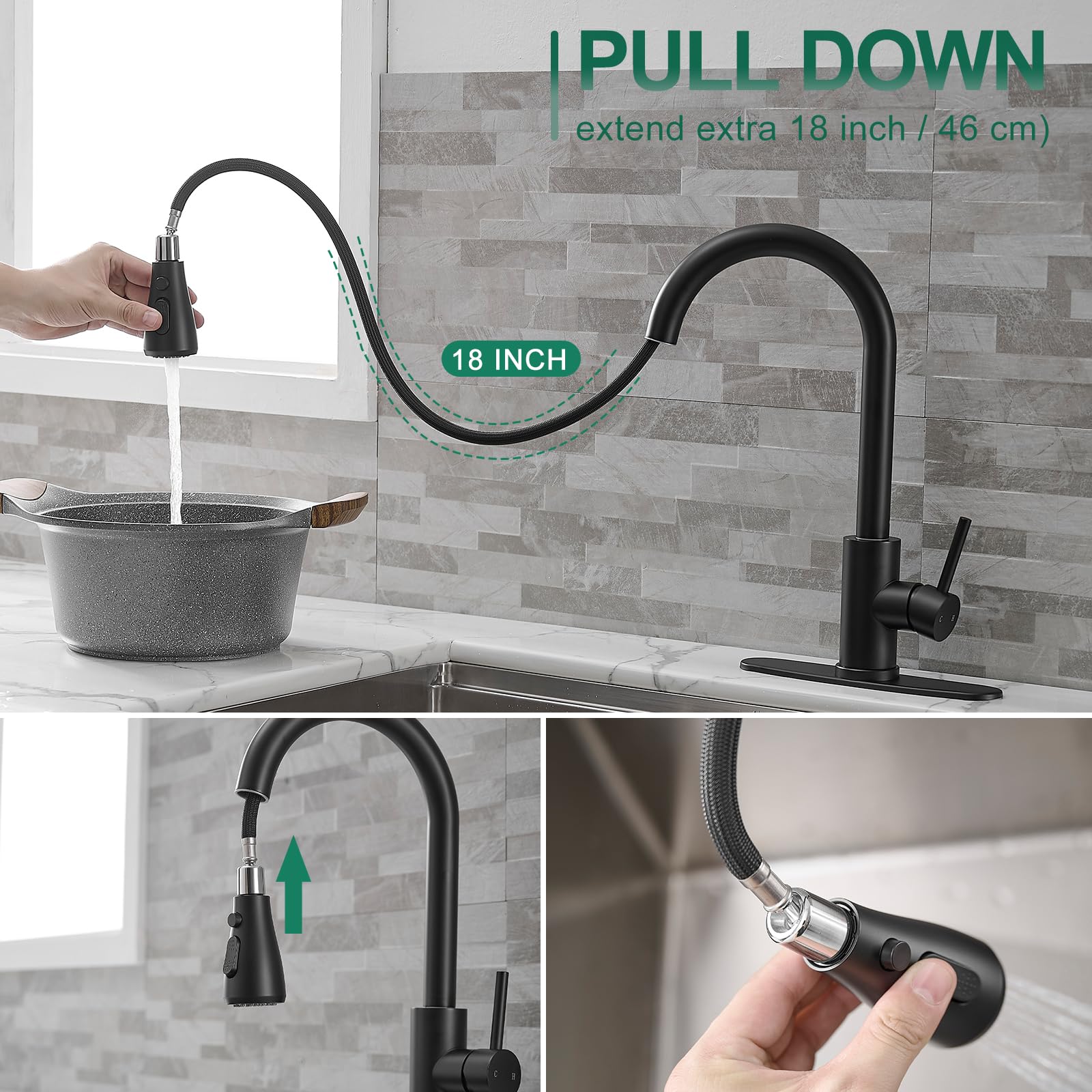 VOTON Black Pull Down Kitchen Faucet with Sprayer - Modern Single Handle High Arc Sink Faucet for 1 or 3 Hole Installation - Perfect for Farmhouse, RV, Camper, Bar & Laundry Sinks - Durable & Stylish Design for Everyday Cooking and Cleaning