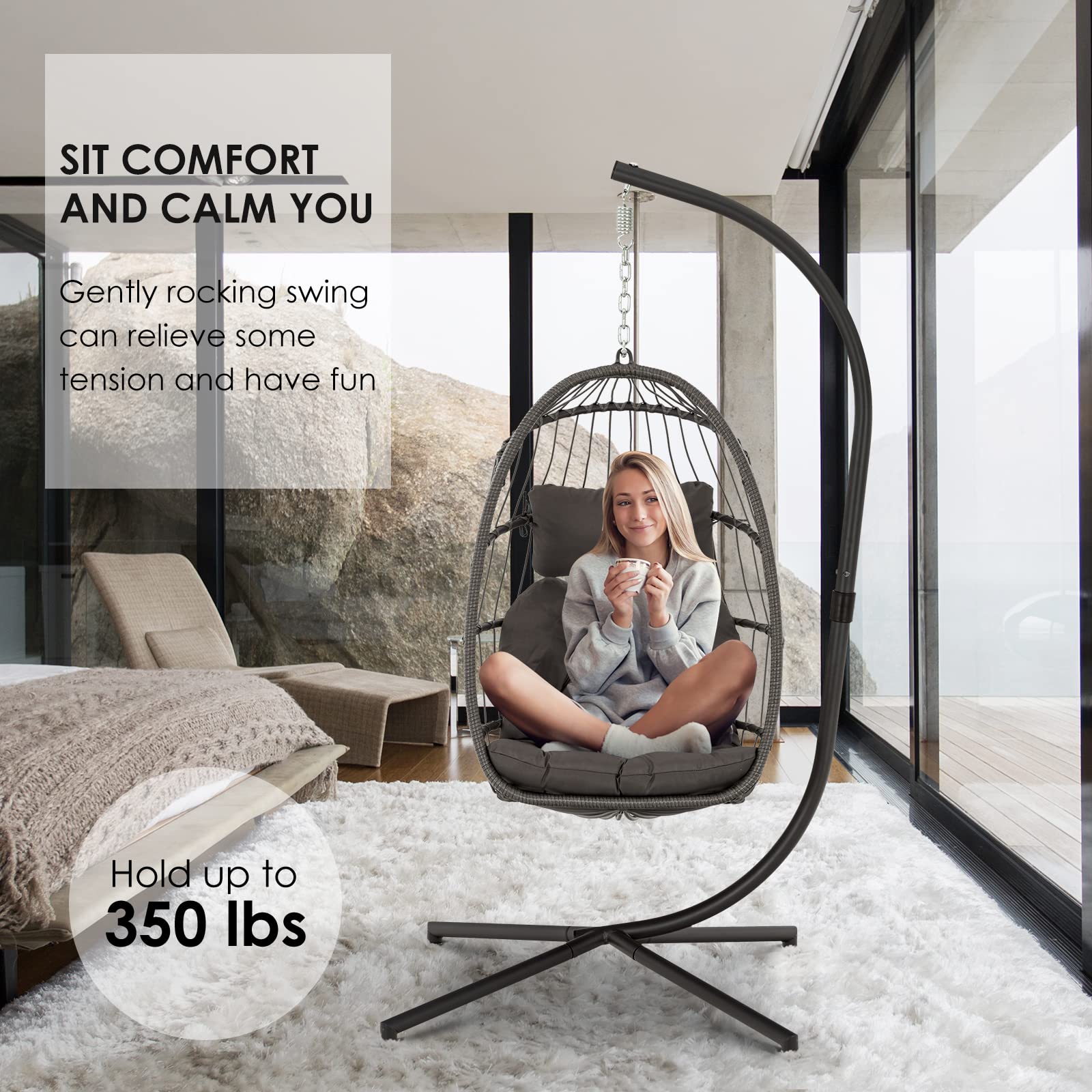 Brafab Swing Egg Chair - Handmade Wicker Rattan Hanging Hammock with Aluminum Frame & UV-Resistant Cushion - 350LBS Capacity - Perfect for Indoor, Outdoor, Patio, Porch, Bedroom & Garden Relaxation
