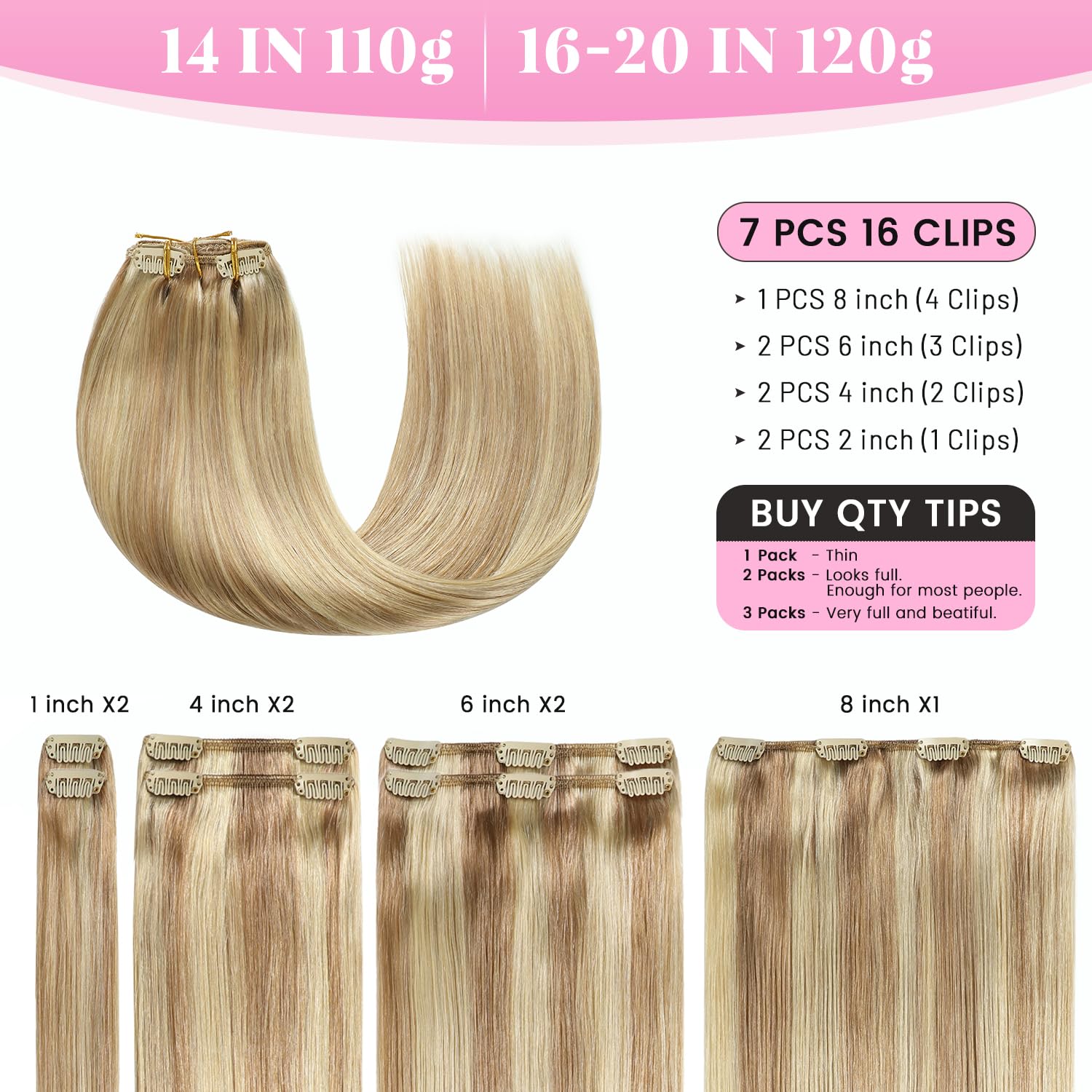 Evala Clip in Hair Extensions 7pcs 120g 20 Inch Real Human Hair - #P18/613 Ash Blonde Mix Bleach Blonde | Perfect for Parties, Weddings & Daily Styling