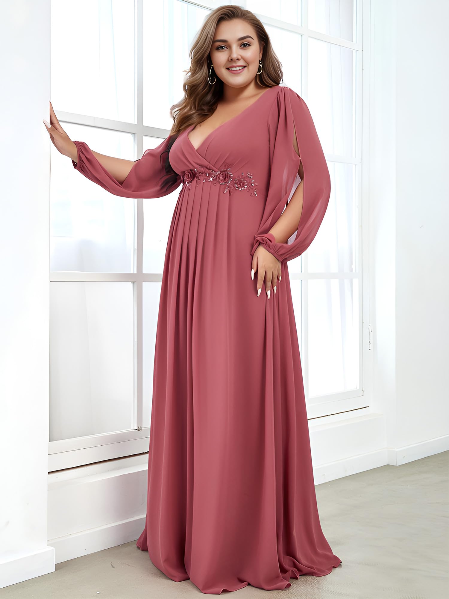 Ever-Pretty Plus Size Women's Floor Length V-Neck Formal Dress with Lantern Sleeves & Floral Applique - Elegant Evening Gowns for Curvy Women - Perfect for Weddings, Proms & Special Occasions
