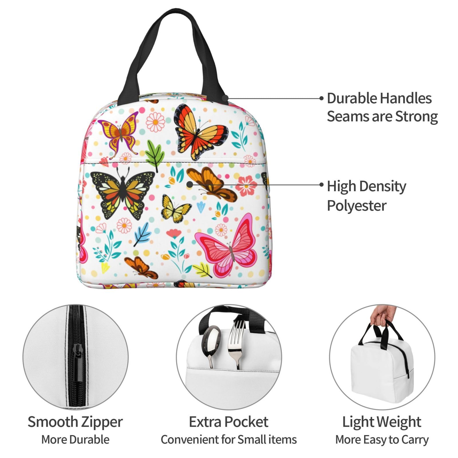 Insulated Lunch Bag for Women - Reusable Cooler Tote with Butterfly Design for Work, Office, Travel & Picnic | Perfect for Meal Prep, School Lunch & Outdoor Activities