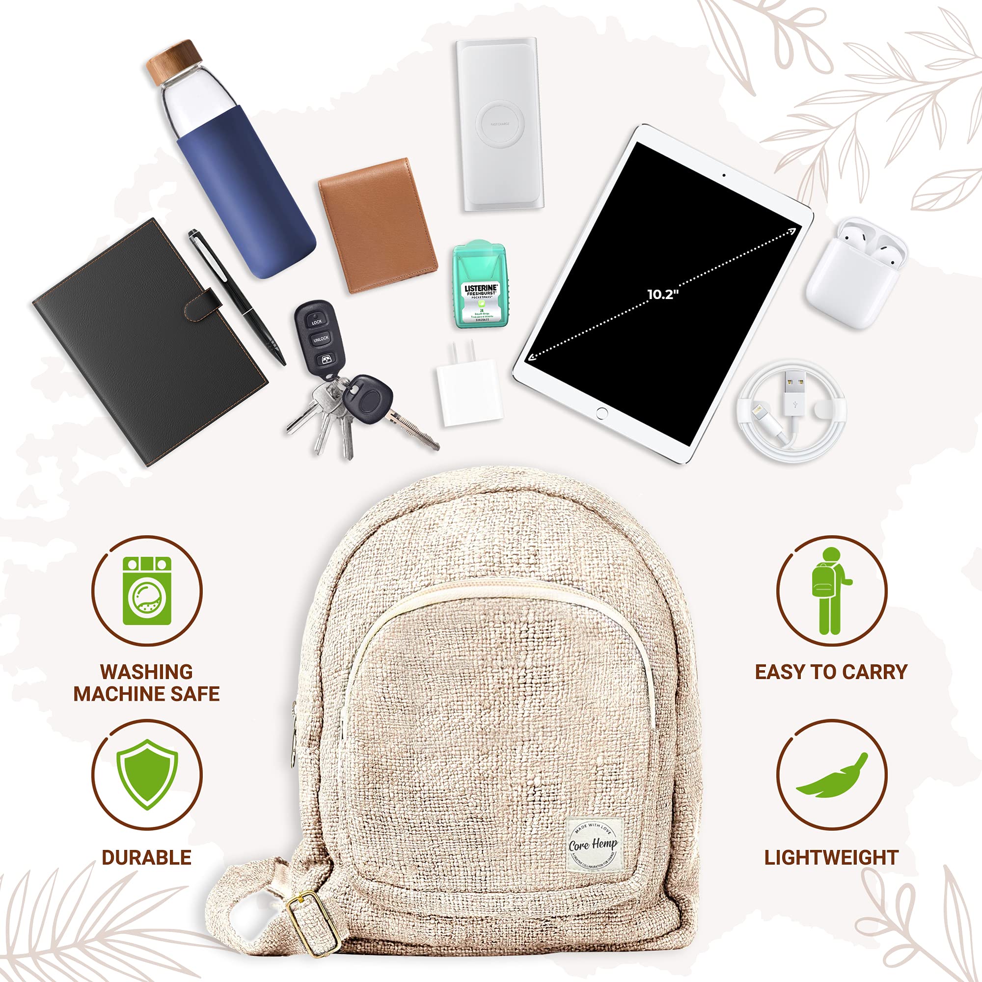 Organic Hemp Mini Backpack - Handmade Hippie Purse with 2 Compartments | Eco-Friendly Crossbody Bag for Travel, Festival & Daily Use