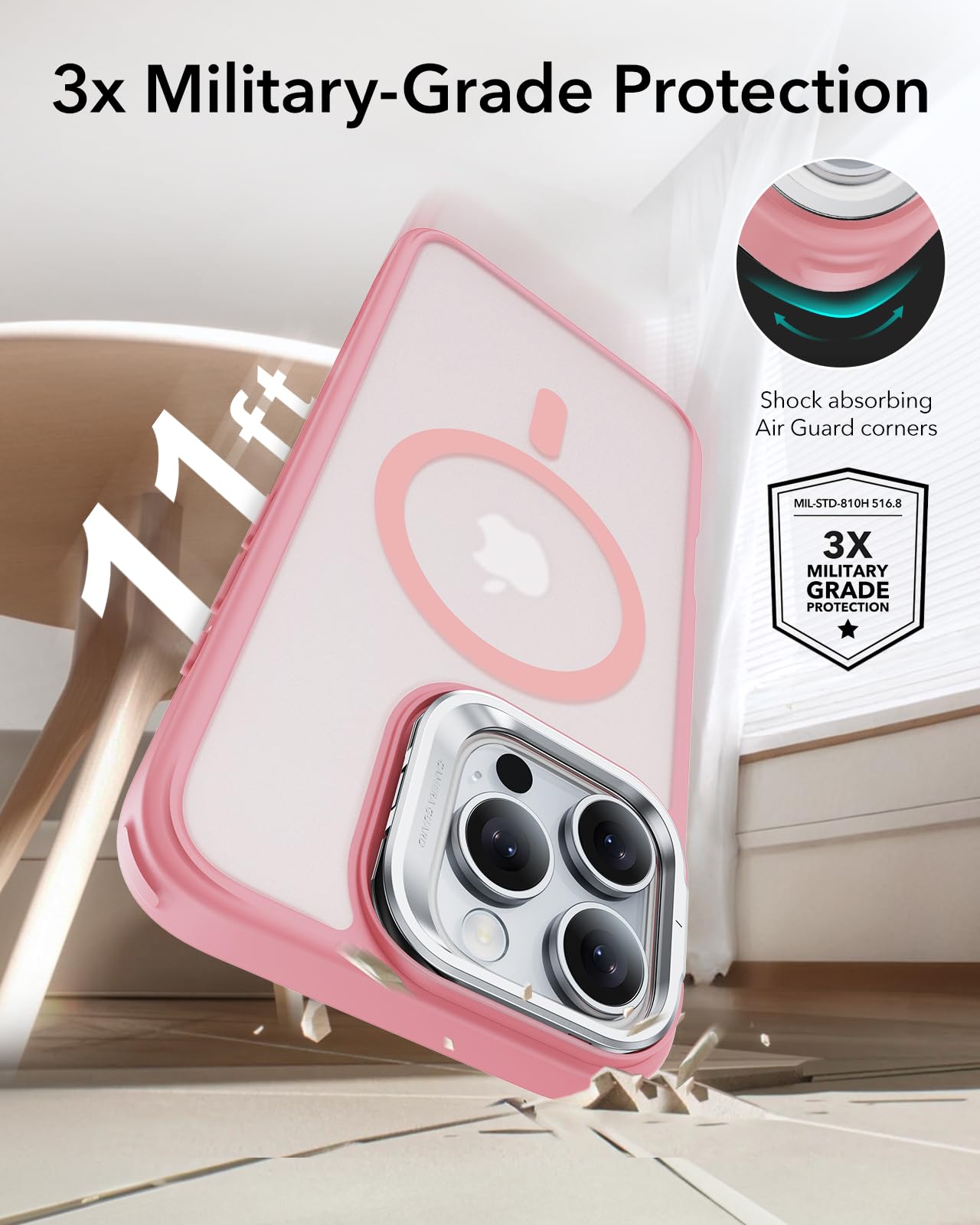 ESR iPhone 16 Pro Max Case with MagSafe Compatibility | Military-Grade Protection & Built-in Stash Stand | Scratch-Resistant Frosted Pink Back Cover | Perfect for Work, Travel & Everyday Use