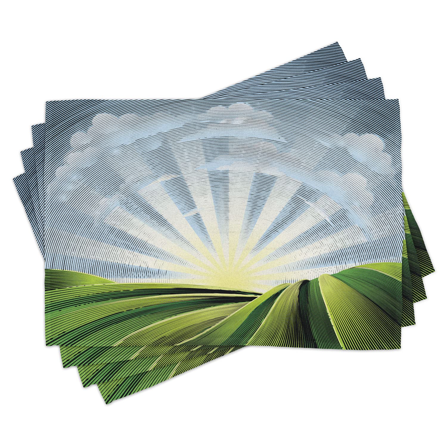 Ambesonne Psychedelic Place Mats Set of 4 - Vibrant Rolling Hills Sunrise Village Design - Washable Fabric Table Mats for Dining Room & Kitchen Decor in Green, Blue & Pale Yellow - Perfect for Boho, Farmhouse & Modern Home Decor