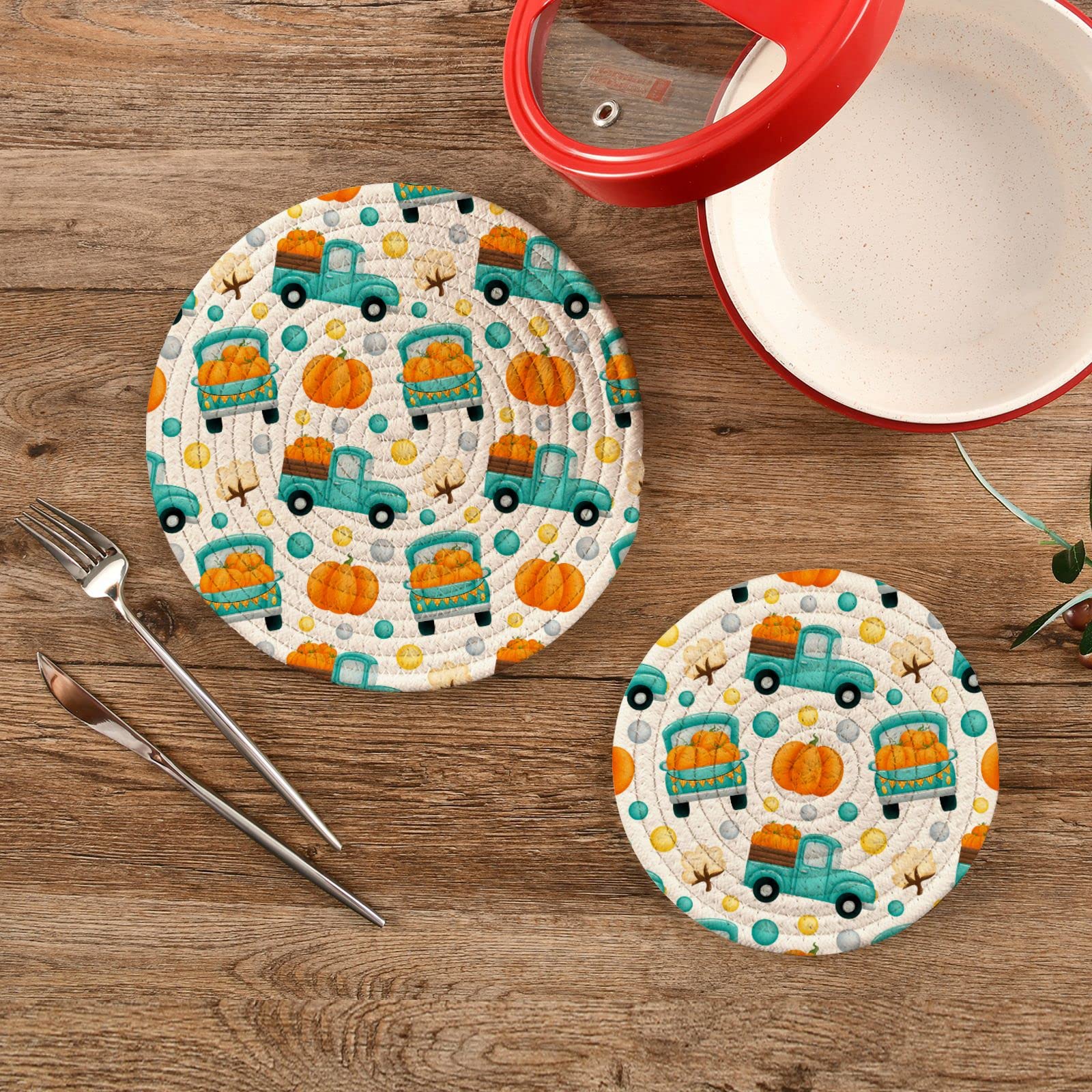 **Heat Resistant Pumpkin Truck Autumn Pot Holders - 2-Pack Fall Harvest Cotton Trivets for Hot Dishes, Pans & Bowls | Perfect for Thanksgiving, Kitchen Decor & Cozy Fall Tablescapes**