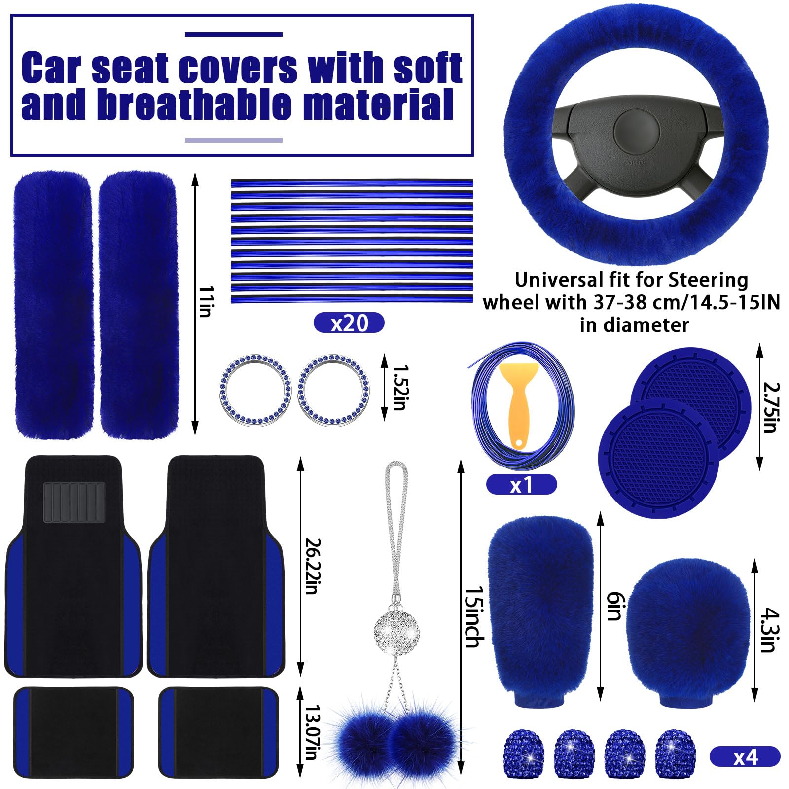 **Woanger 47-Piece Full Set Car Seat Covers for Women - Fluffy Steering Wheel Cover, Seat Belt Pads, Floor Mats & AC Decor Strips - Universal Fit (Blue) - Perfect for Comfort & Style in Sedans, SUVs & Trucks**