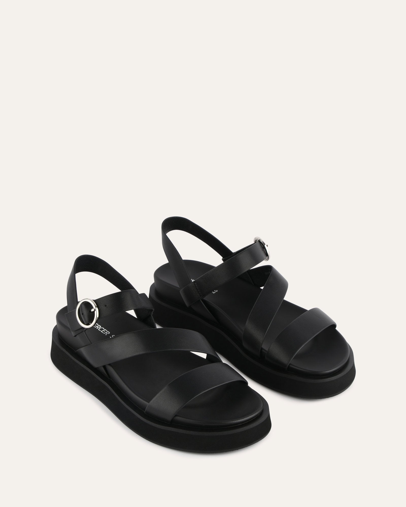 MARAIS Women's Black Leather Flat Sandals - Comfortable Casual Summer Shoes for Walking, Beach, and Travel