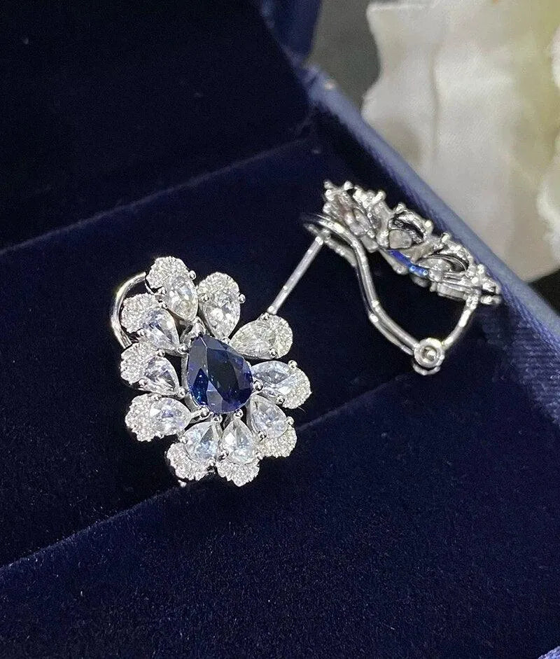 18K White Gold Earrings with Natural Blue Sapphire & Diamonds | Luxury Flower Jewelry for Women | Perfect for Weddings, Anniversaries & Special Occasions