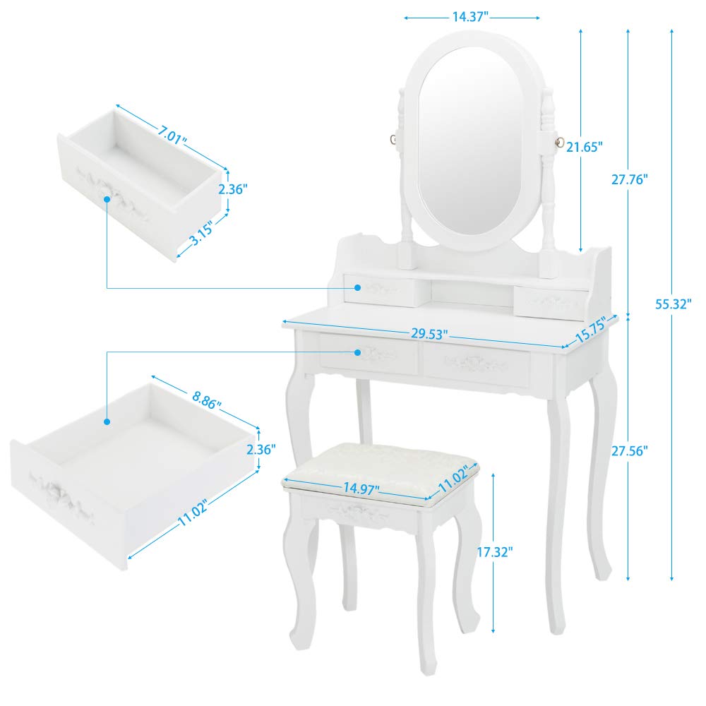 Vanity Table Set with Oval Mirror & Stool - Wooden Dressing Table with 4 Drawers & Jewelry Storage for Bedroom | Perfect for Makeup, Dressing & Organizing Jewelry