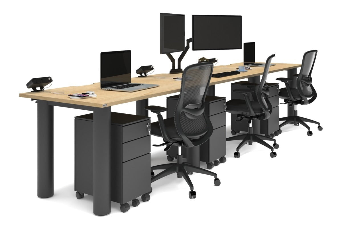 Quadro Cylinder Leg 3-Person Office Workstation Desk - 1400L x 800W with Cable Management - Modern Office Furniture for Collaborative Workspaces & Home Offices
