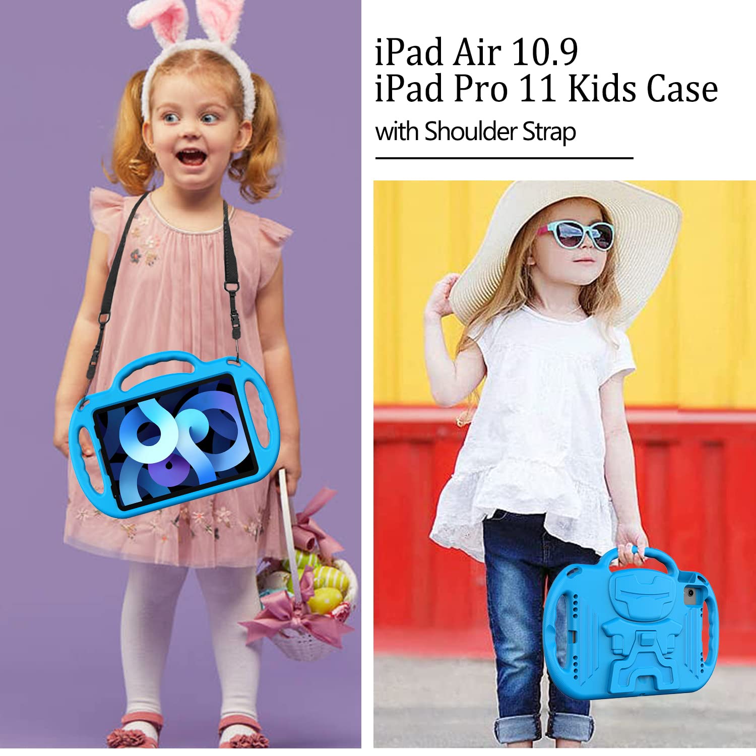 LTROP Shockproof Kids Case for iPad Air 6th Gen (11-inch 2024) & iPad Air 5th/4th Gen & iPad Pro 11 - Durable Protective Cover with Adjustable Shoulder Strap, Handle & Stand for 10.9-11 inch Tablets - Perfect for School, Travel & Home Use - Blue