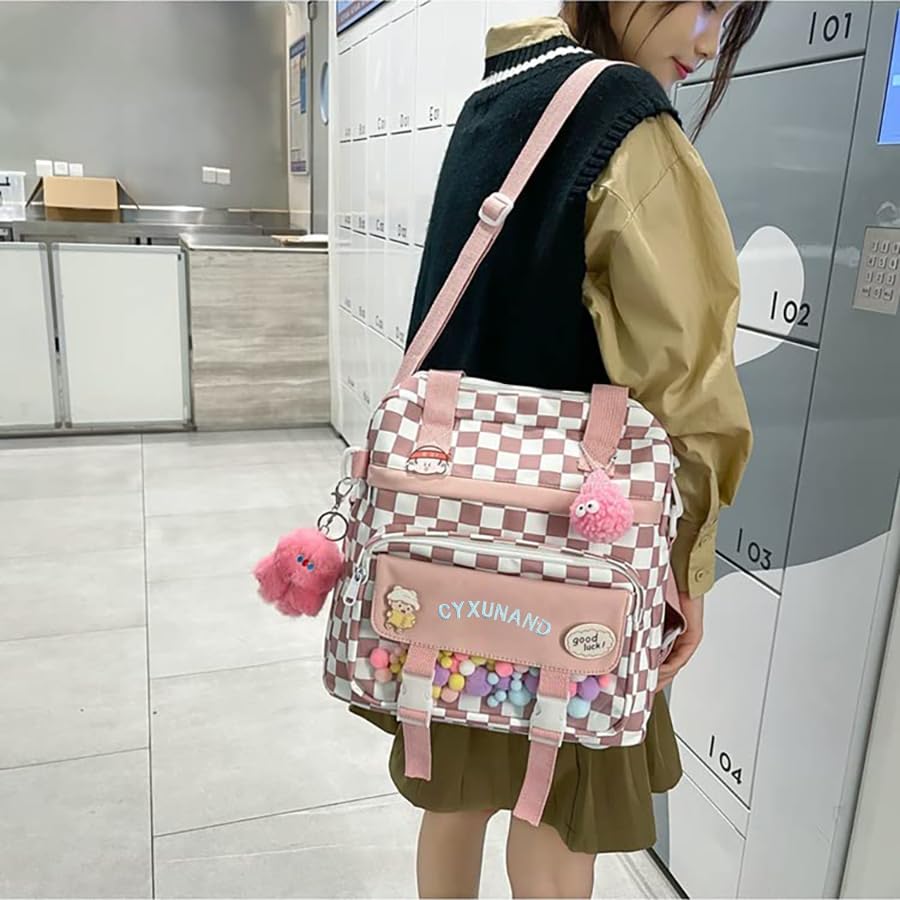 Cute Japanese Kawaii Messenger Bag - Stylish Laptop Backpack for School, Travel & Work - Multifunctional Plaid Shoulder Tote Bag for Women & Teens - Perfect for College, Office & Daily Commute