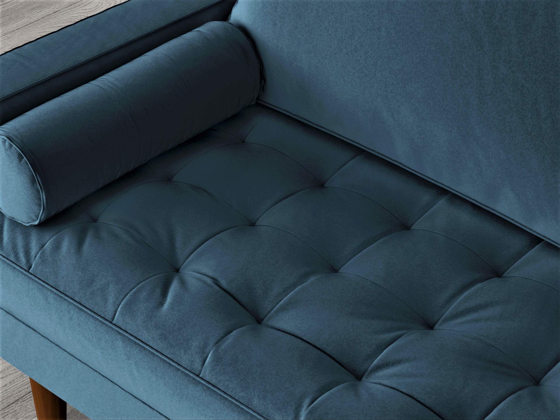 Mid Century Modern Velvet Loveseat with Tufted Seat & Bolster Pillows - Oxford Blue Upholstered Sofa for Living Room, Lounge & Home Decor