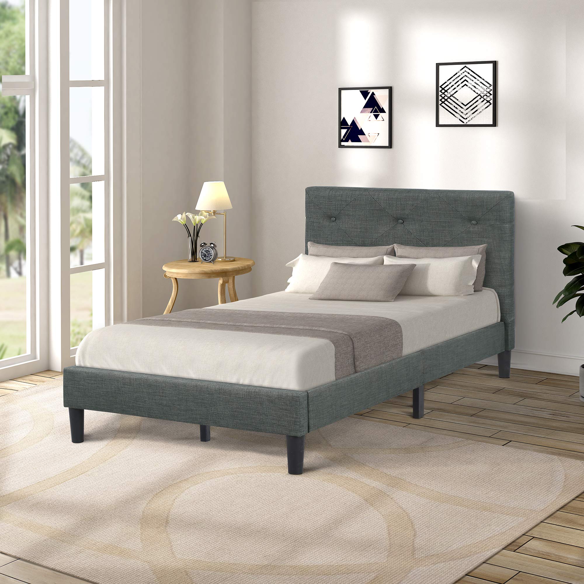 Twin Bed Frame with Upholstered Headboard - Sturdy Wood Slat Platform Bed, No Box Spring Needed, Modern Gray Bedroom Furniture | Perfect for Small Spaces, Guest Rooms & Kids' Bedrooms