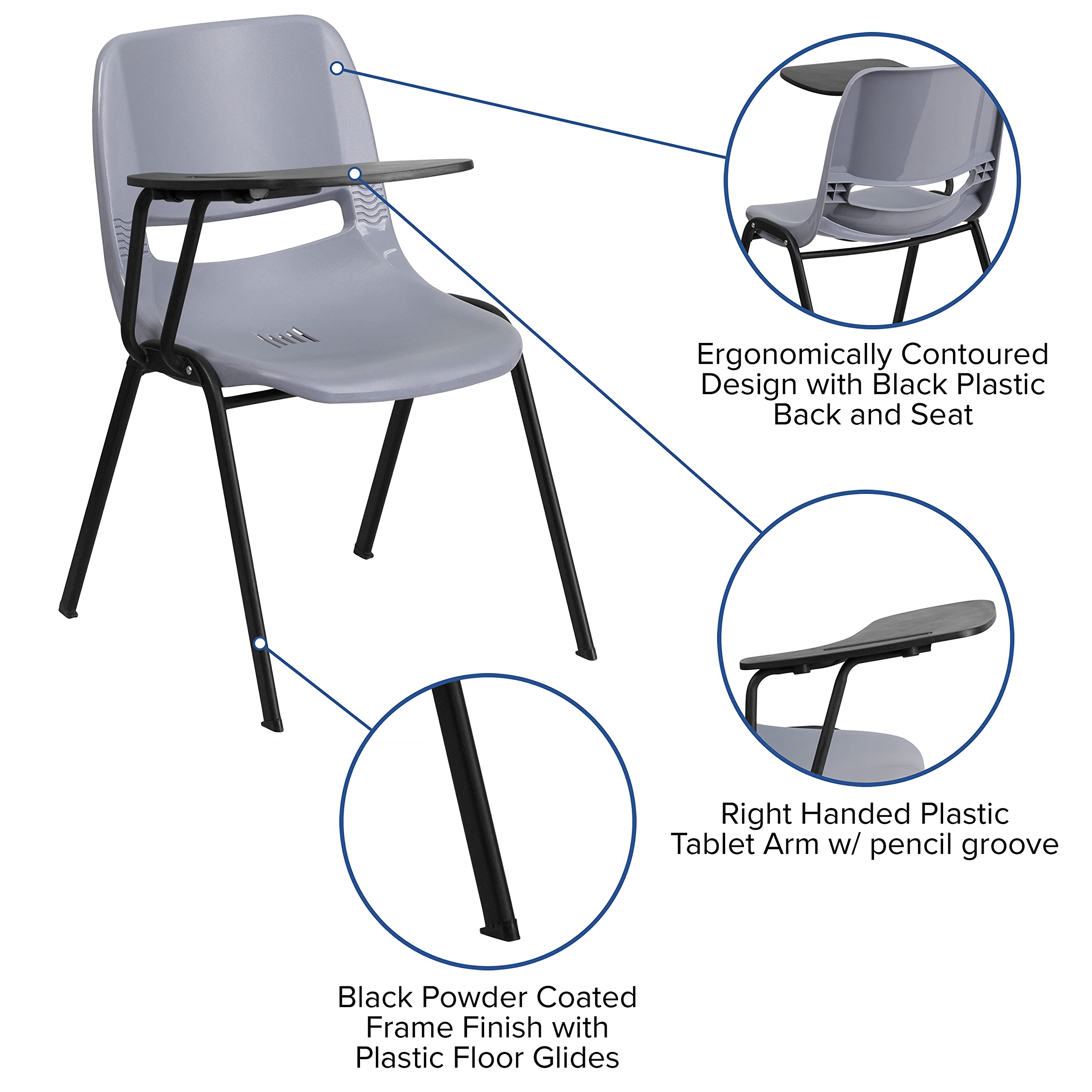 5 Pack Gray Ergonomic Office Chair with Flip-Up Tablet Arm - Right Handed Comfort Support for Home, Office & Conference Room Use