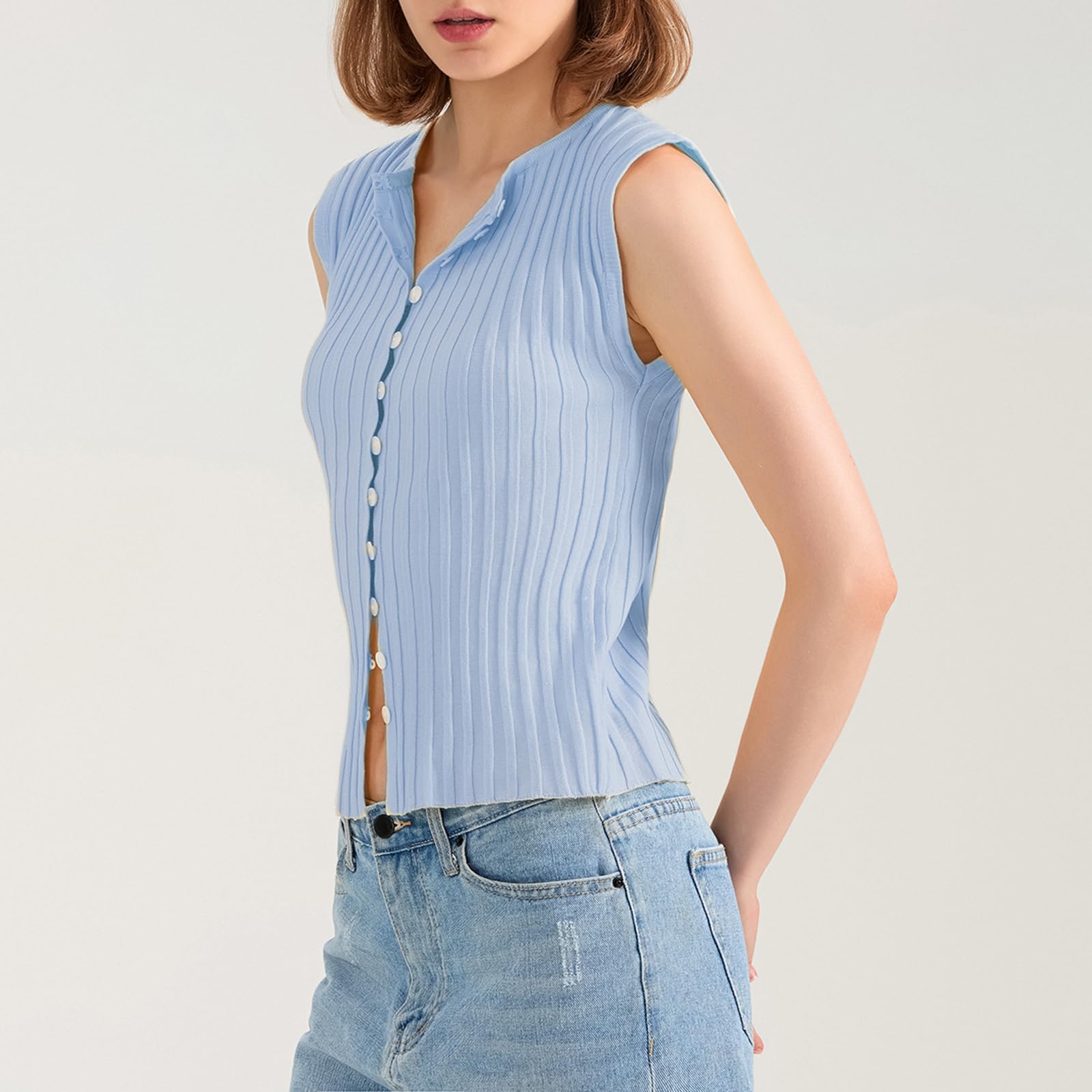 Women's Ribbed Knit Sleeveless Button Up Vest Tank Top - Slim Fit Y2K Summer Going Out Tops for Casual Wear, Beach Cover-Up & Night Out Outfits