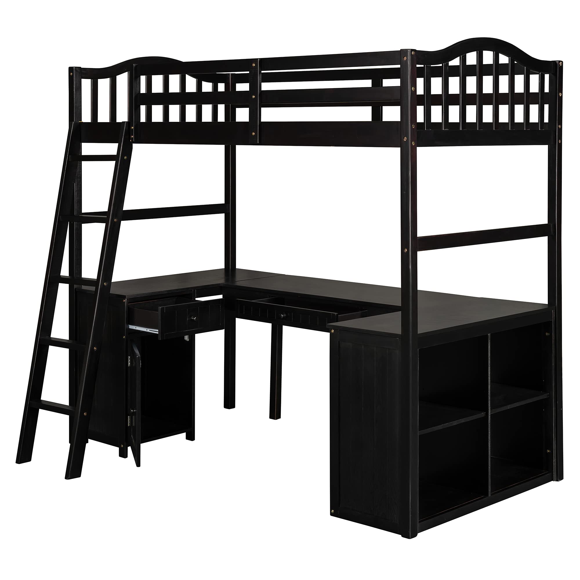 **Rhomtree Twin Loft Bed with Drawers, Cabinet, Shelves & Desk - Sturdy Wood Loft Bed with Guard Rail & Ladder for Kids, Teens & Adults - Espresso Finish - Perfect for Small Bedrooms, Dorms & Studio Apartments**