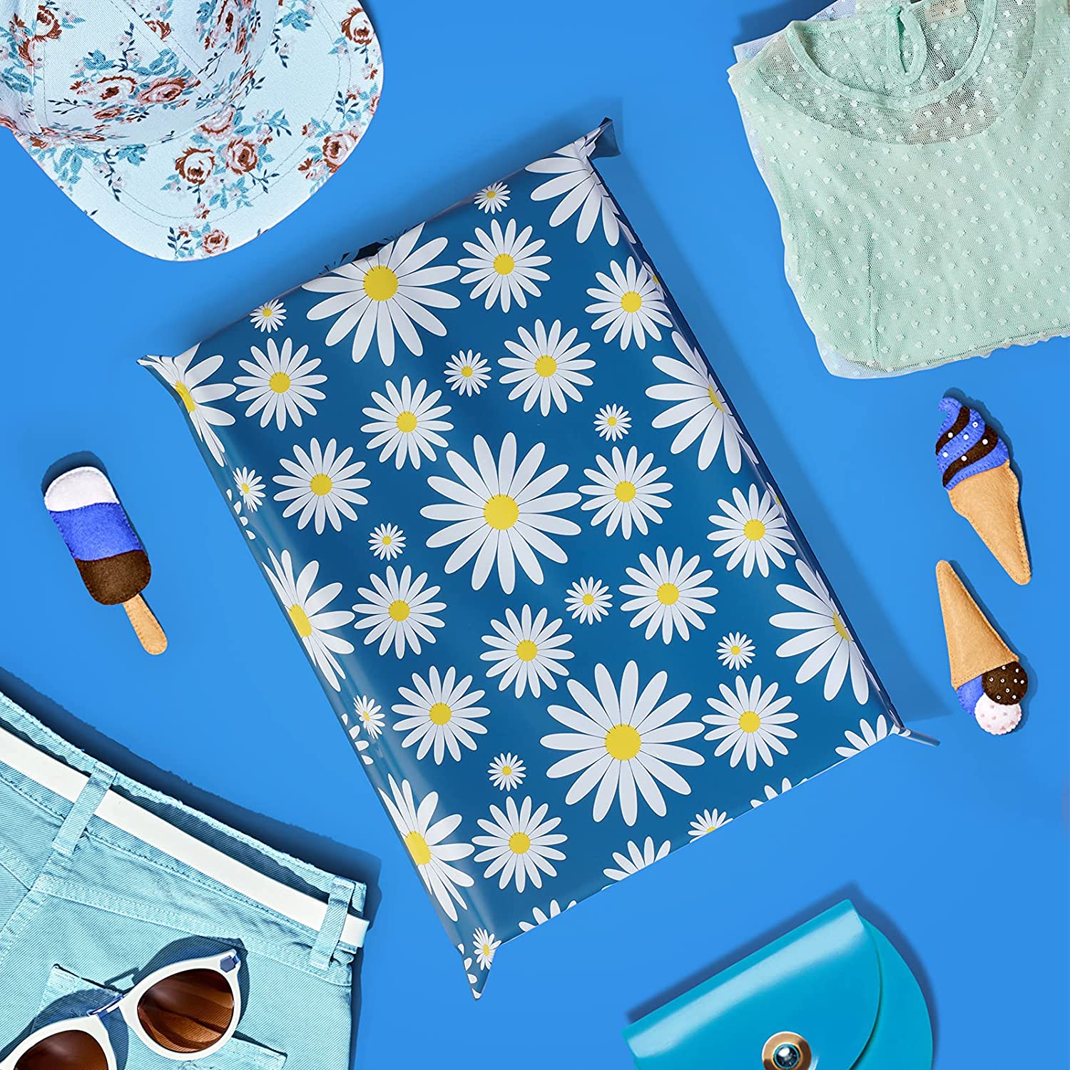 10x13 Inch Blue Daisy Printed Poly Mailer Envelopes - Waterproof Shipping Bags for Ecommerce, Small Business & Online Stores - Perfect for Clothing, Jewelry & Lightweight Packages